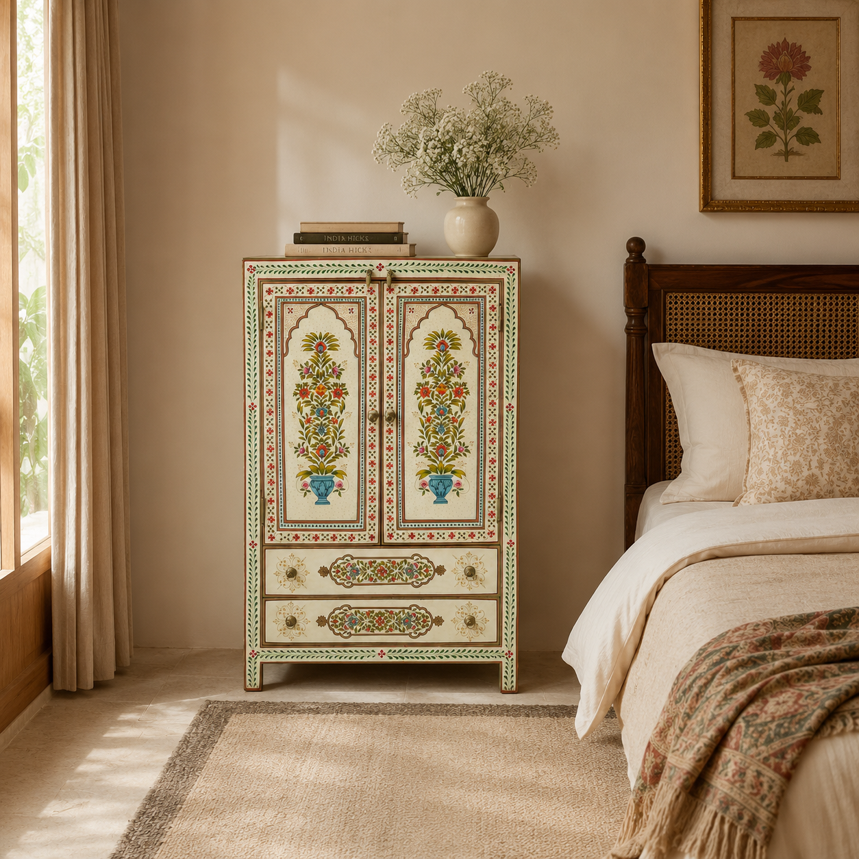 Ivory Garden Cabinet with floral hand-painted detailing, styled beside a bed in a serene heritage-inspired bedroom.