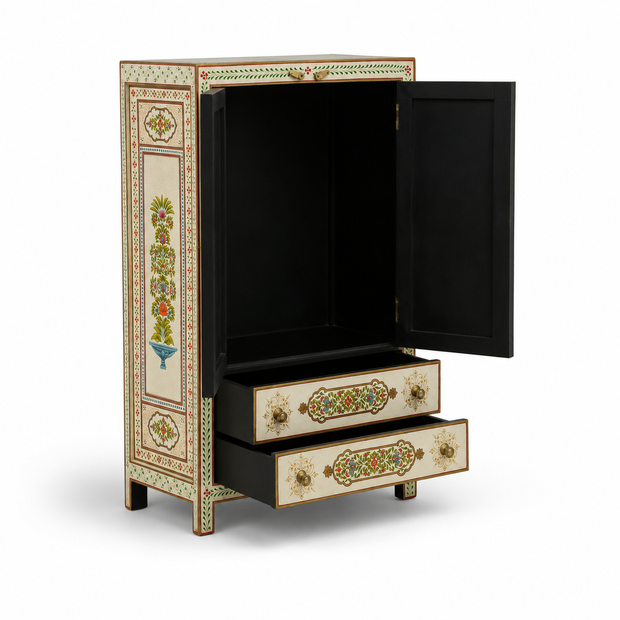 Ivory Garden Cabinet with open doors and drawers, revealing spacious storage and handcrafted painted details.