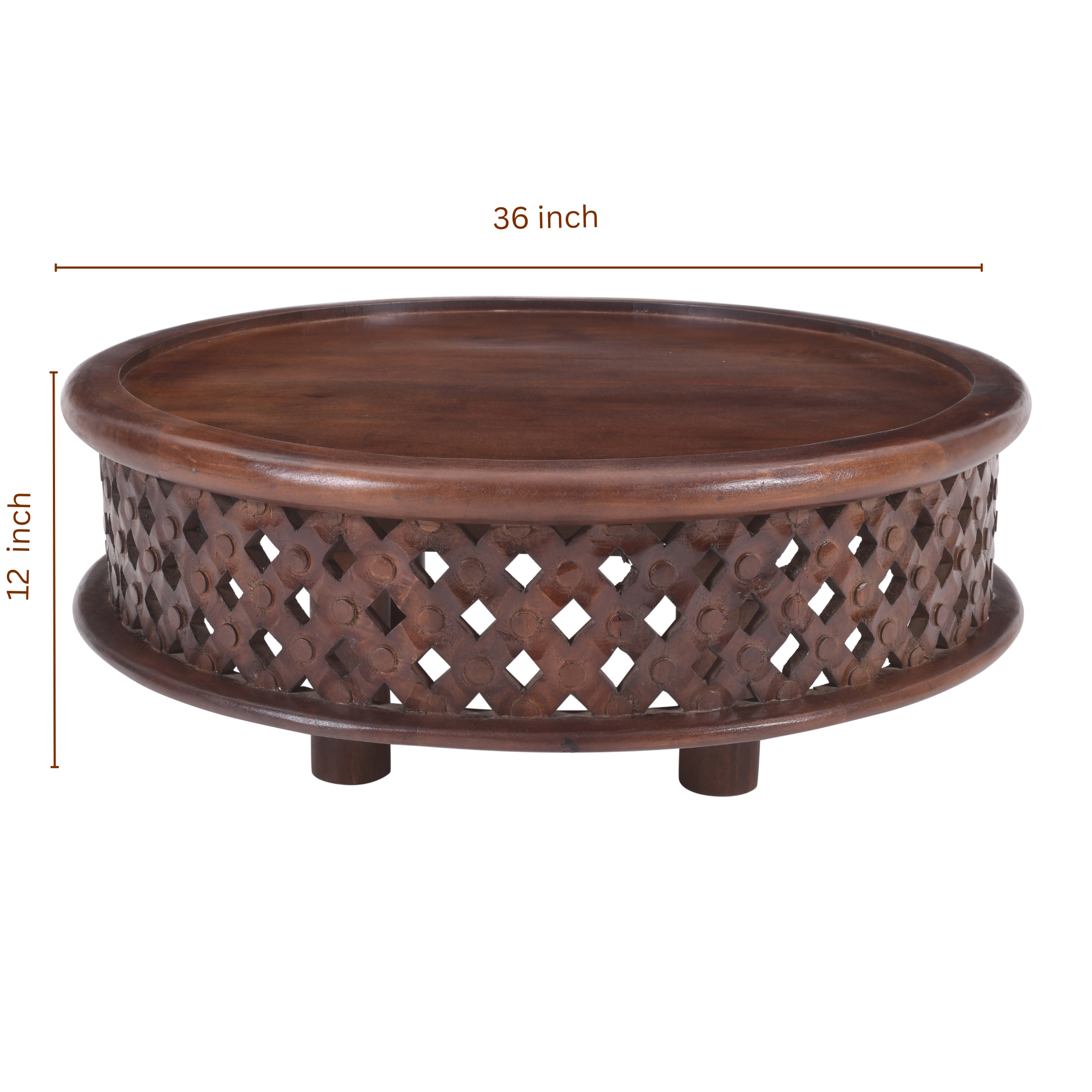 Dimension image of Jaali Round Mango Wood Coffee Table measuring 36 inches wide and 12 inches high