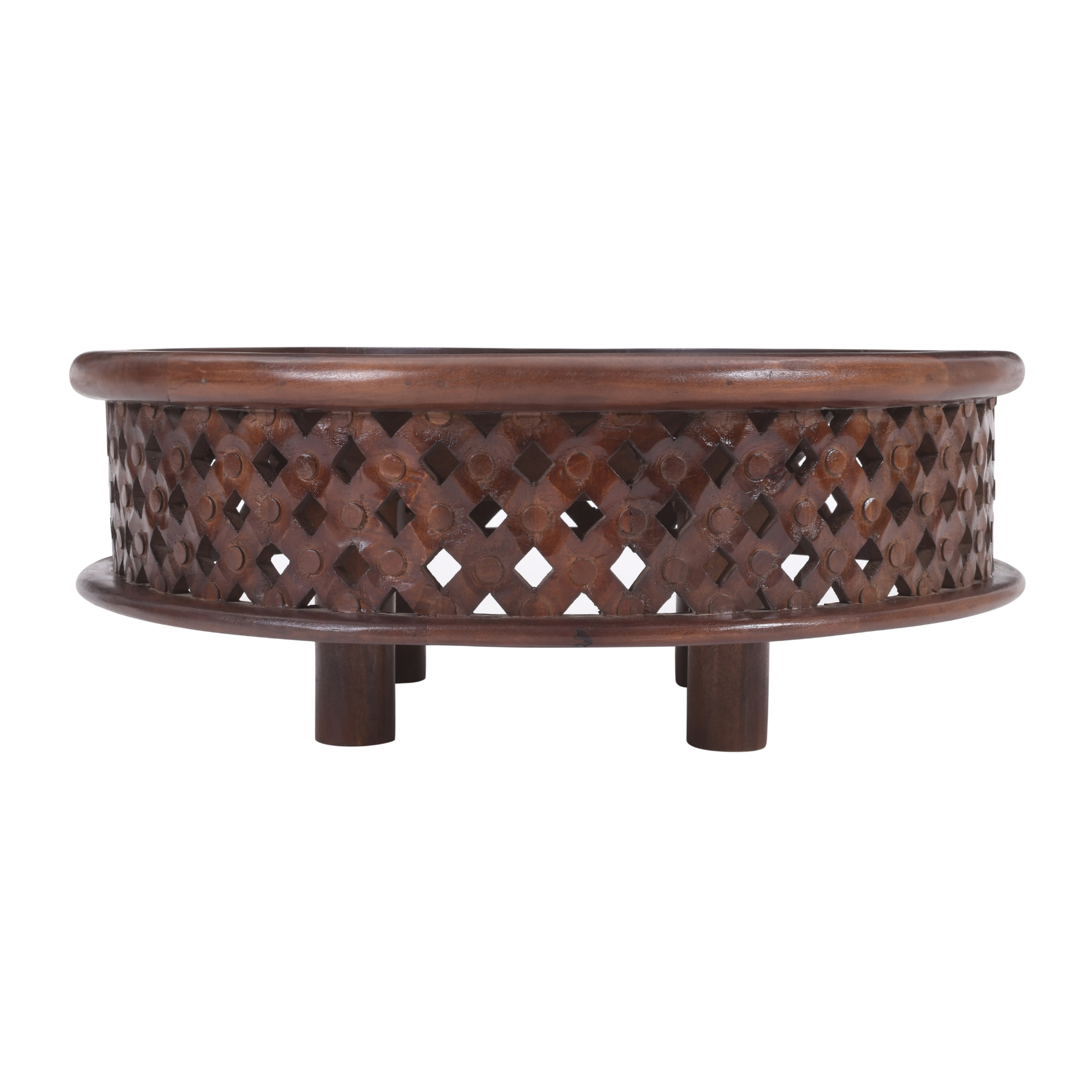Side view of Jaali Round Mango Wood Coffee Table featuring handcrafted lattice jaali design and solid mango wood construction