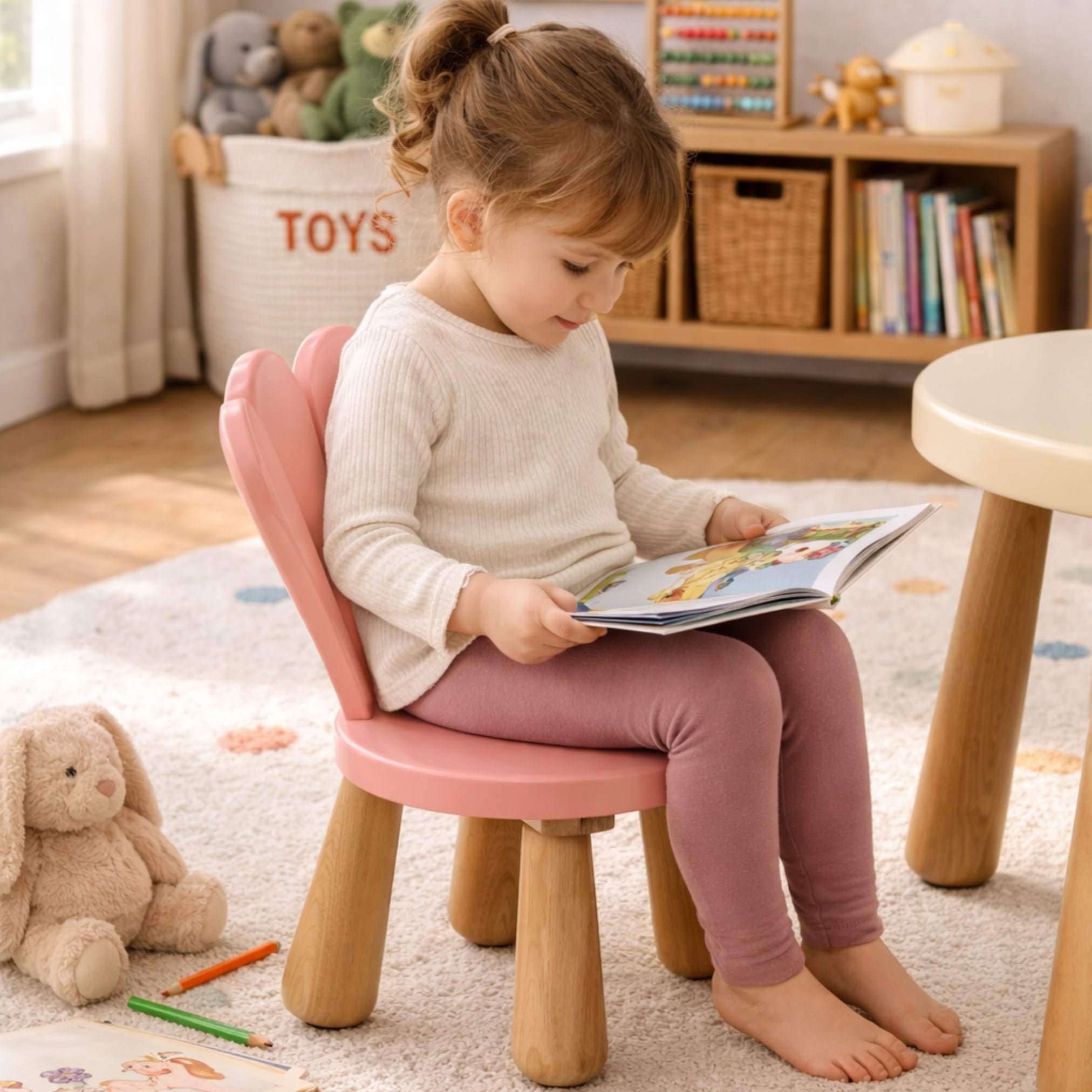 kid sitting on pink petal wooden chair reading book