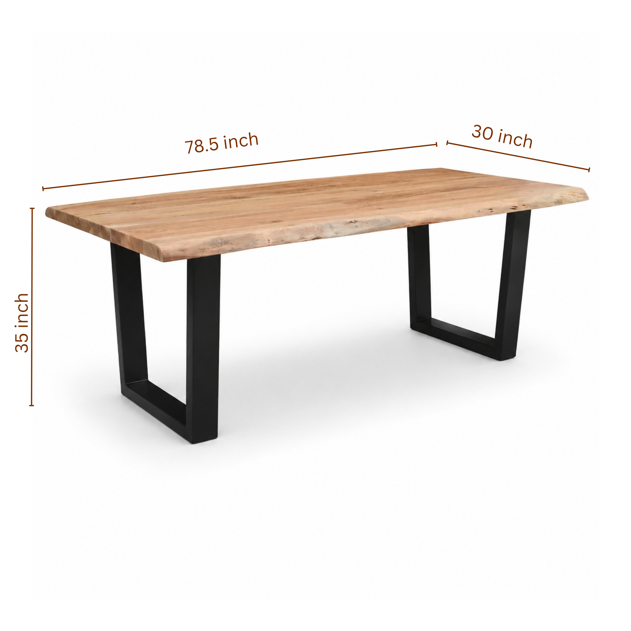 Live edge acacia dining table dimensions showing 78.5 inch length and black U metal legs