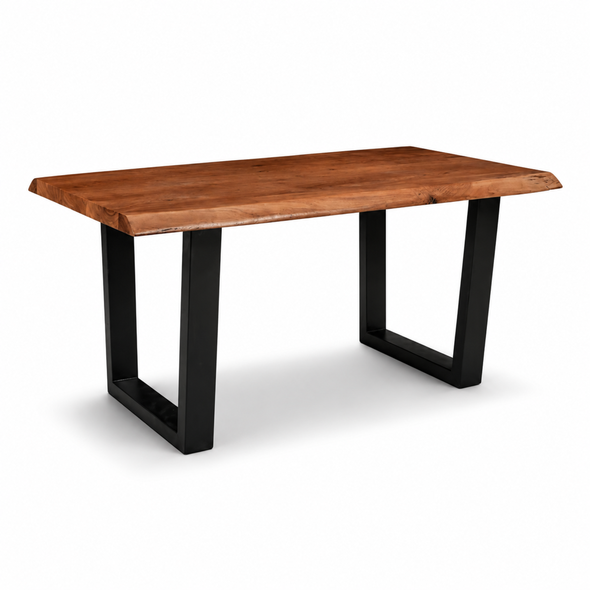 Angled view of handcrafted live edge acacia wood dining table with black U metal legs and natural brown finish
