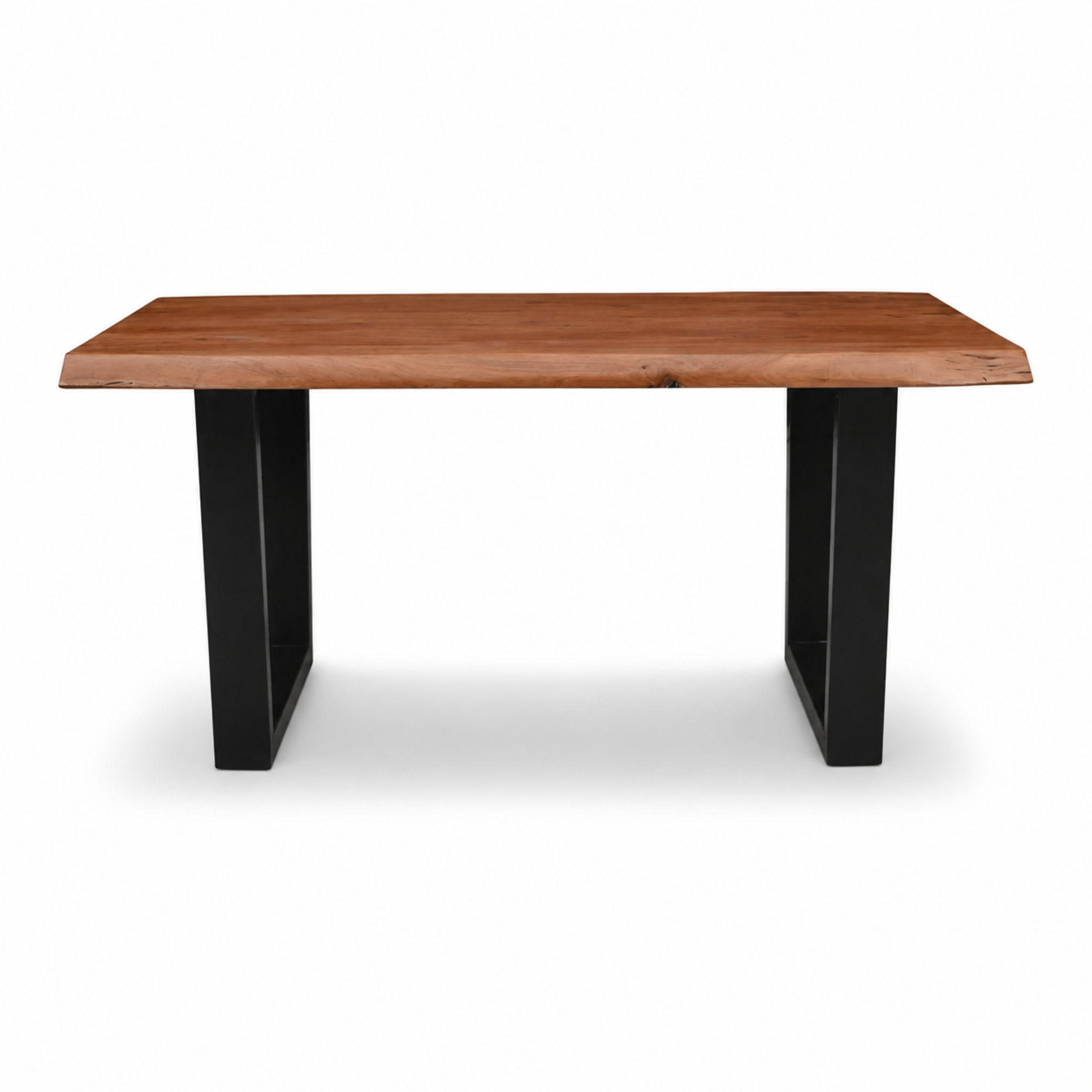 Front view of live edge acacia dining table with black U metal legs in natural brown finish