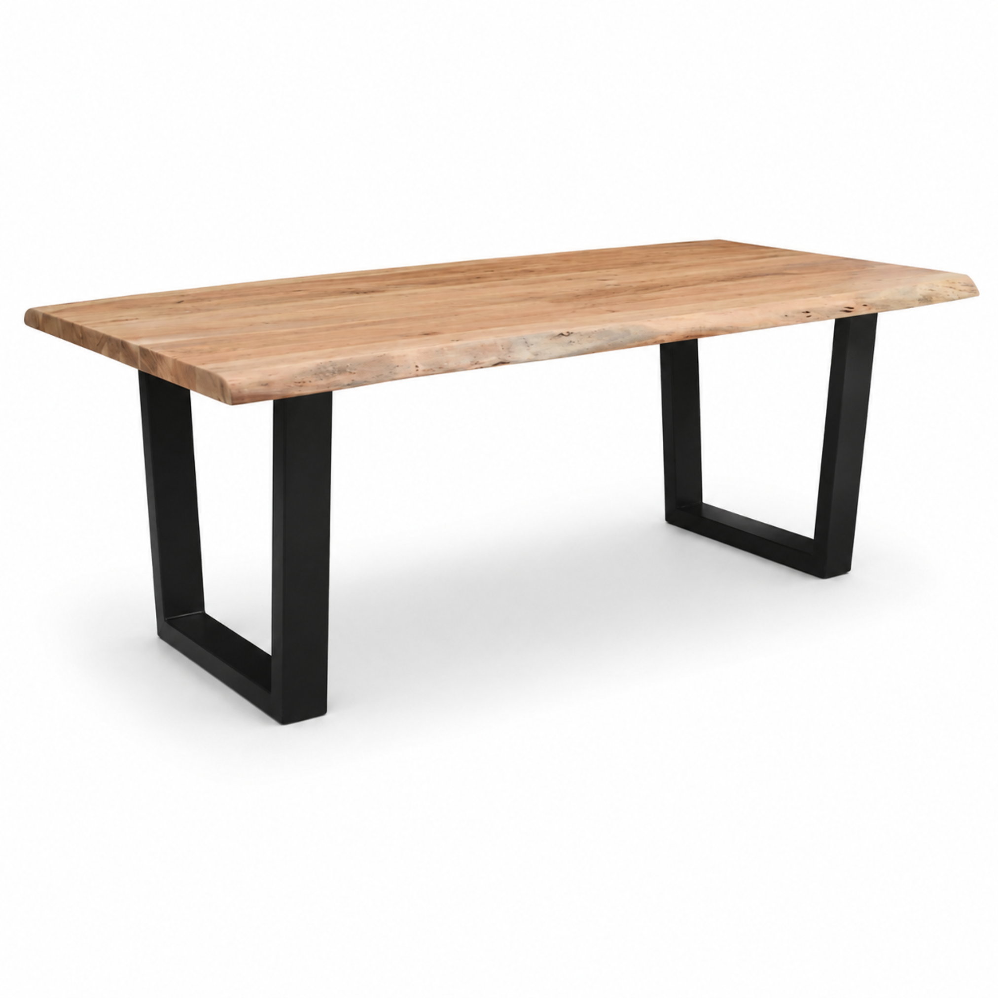 Left angle view of live edge acacia dining table with natural wood grain and black U metal legs