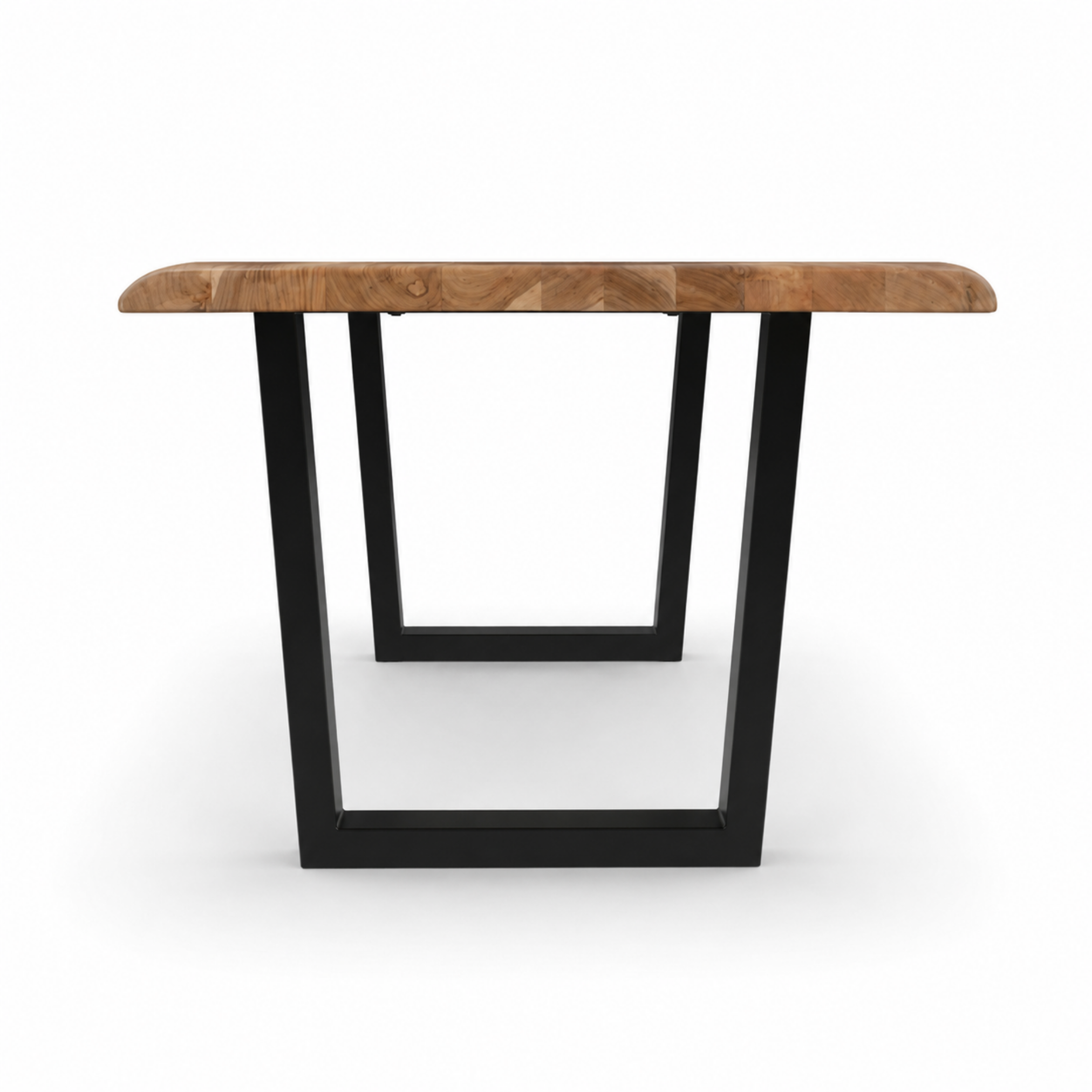 Side profile of live edge acacia dining table with black U shaped metal legs