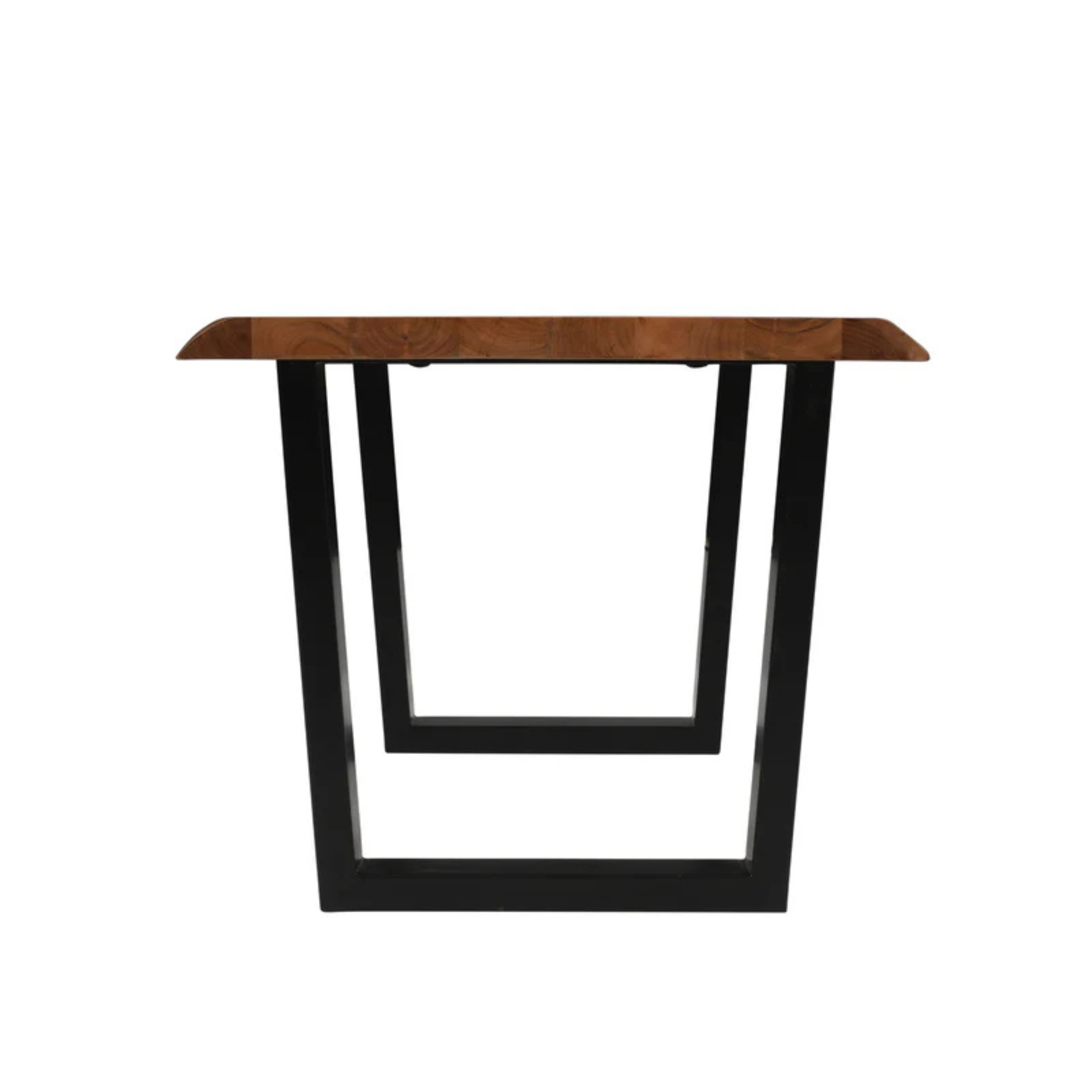 Side profile of live edge acacia dining table featuring black U-shaped metal legs and solid wood top