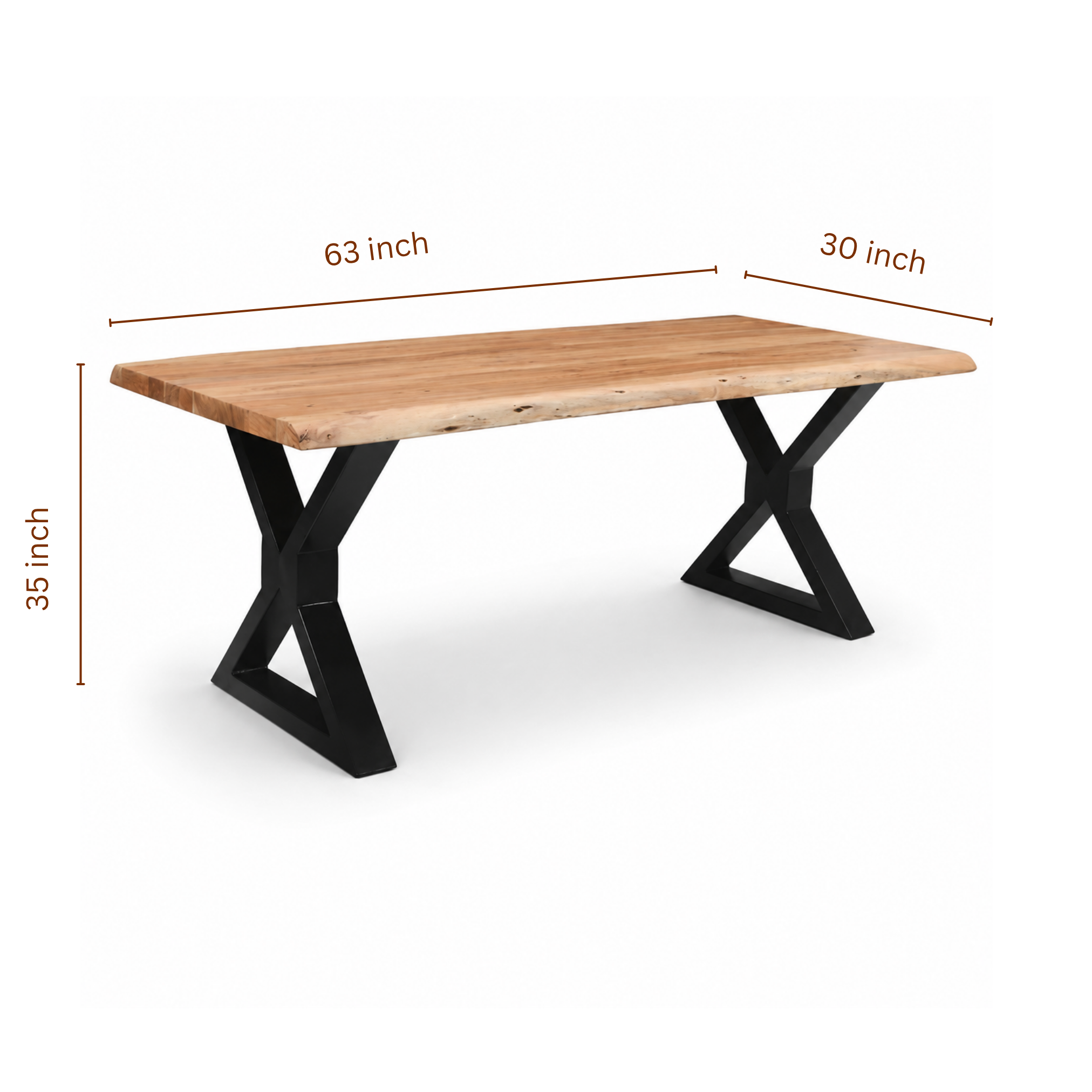 Compact live edge acacia dining table dimensions showing 63 inch length and black X metal legs