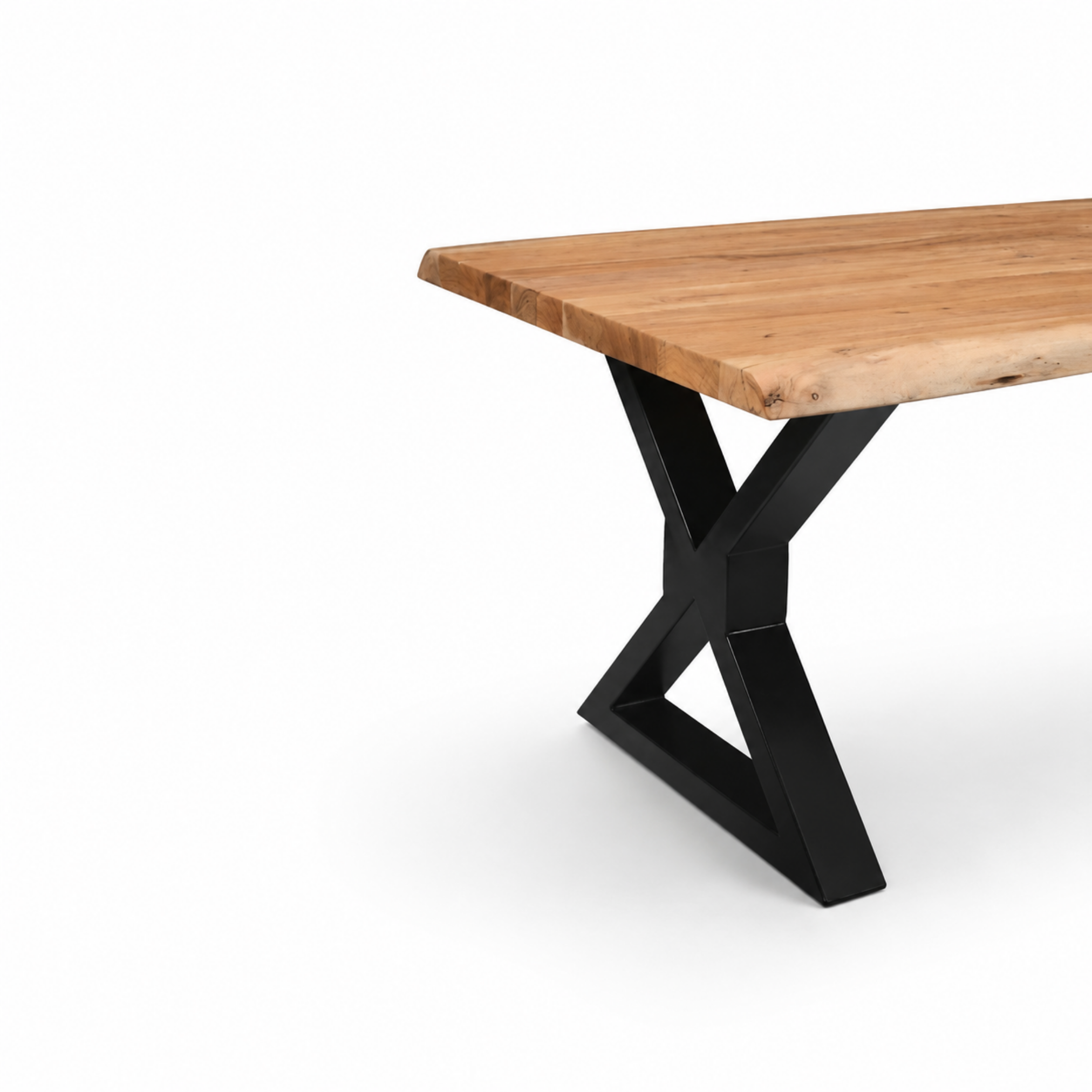 Close-up detail of live edge acacia dining table showcasing wood grain texture and black X metal leg