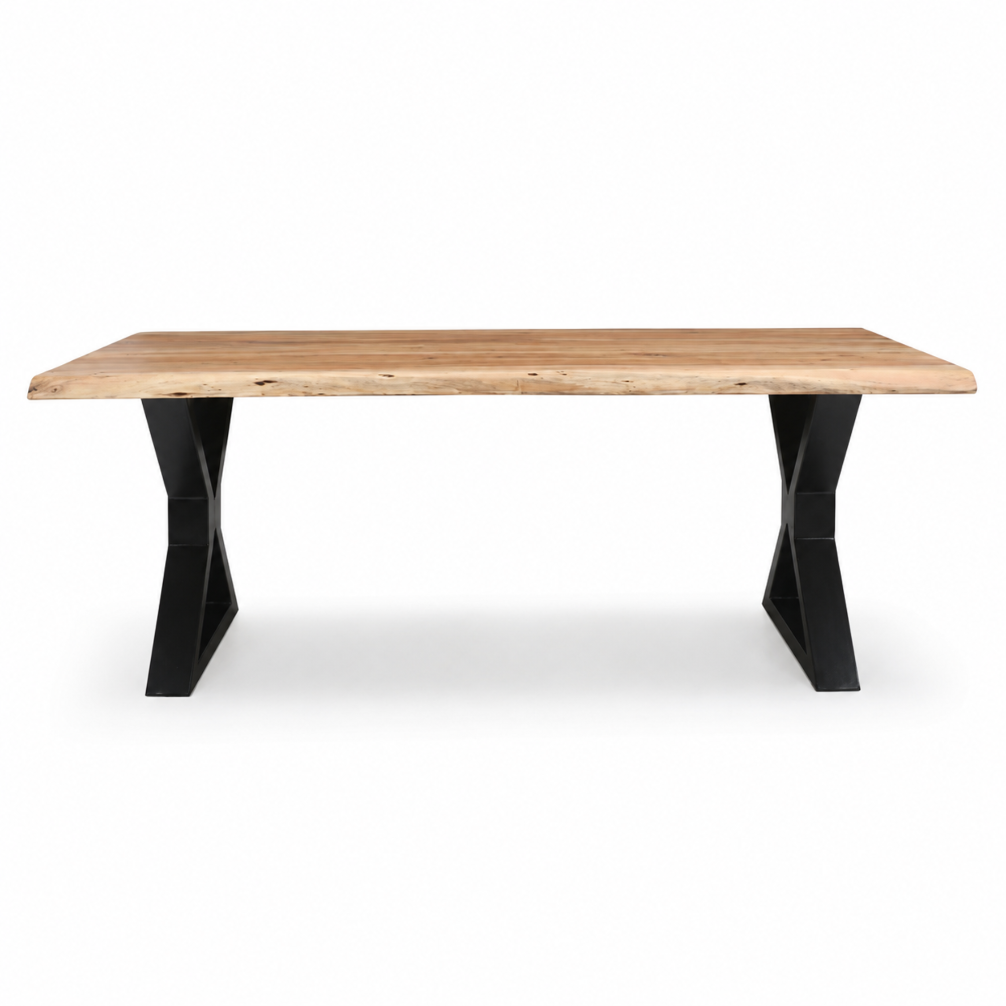 Front view of live edge acacia dining table with black X metal legs in light brown finish