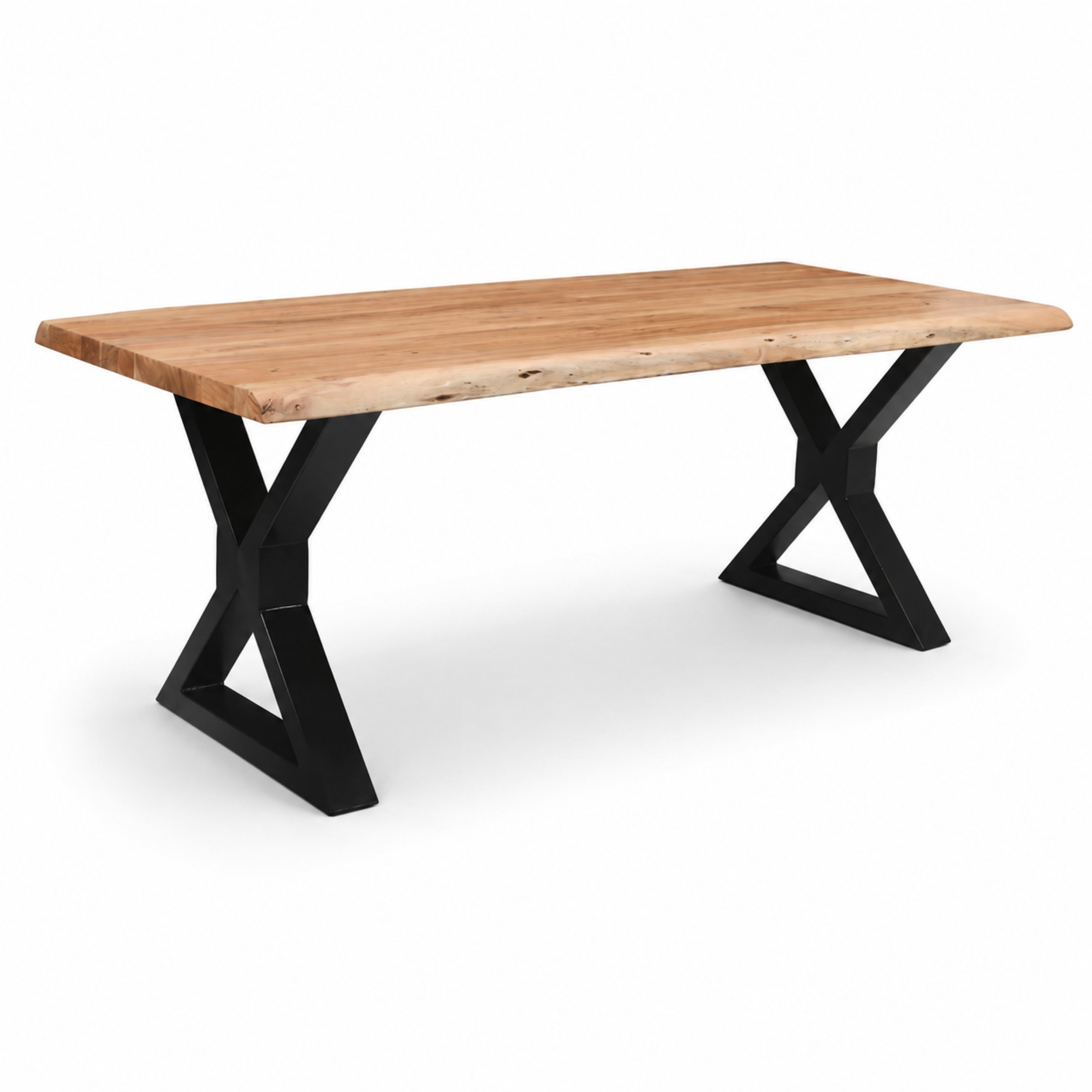 Left angle view of live edge acacia dining table with natural wood grain and black X metal legs