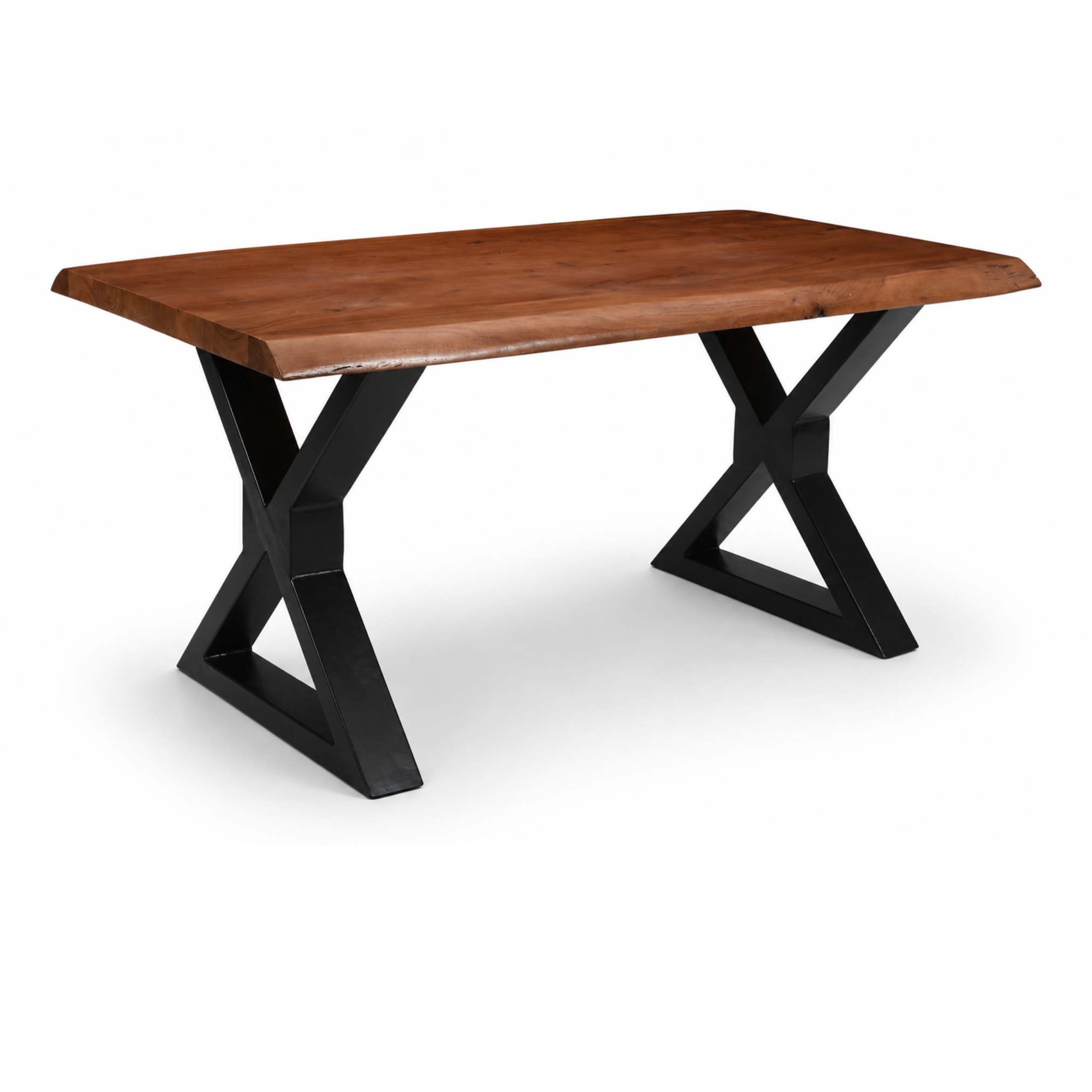 Angled view of live edge acacia dining table with black X metal legs and natural brown wood top