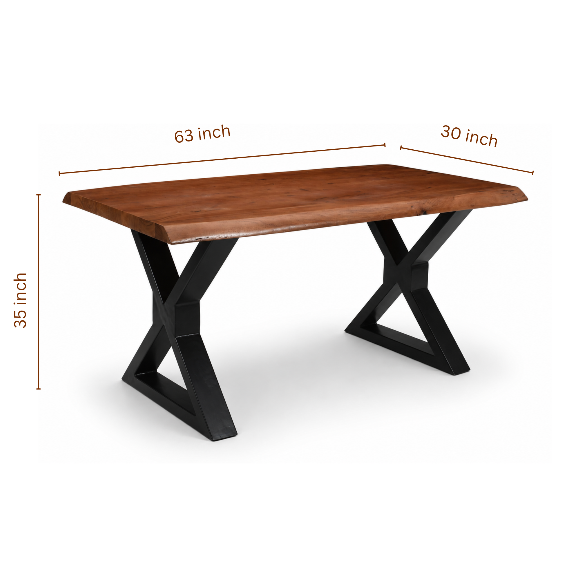 Live edge acacia dining table with X metal legs dimensions 63 x 30 x 35 inches