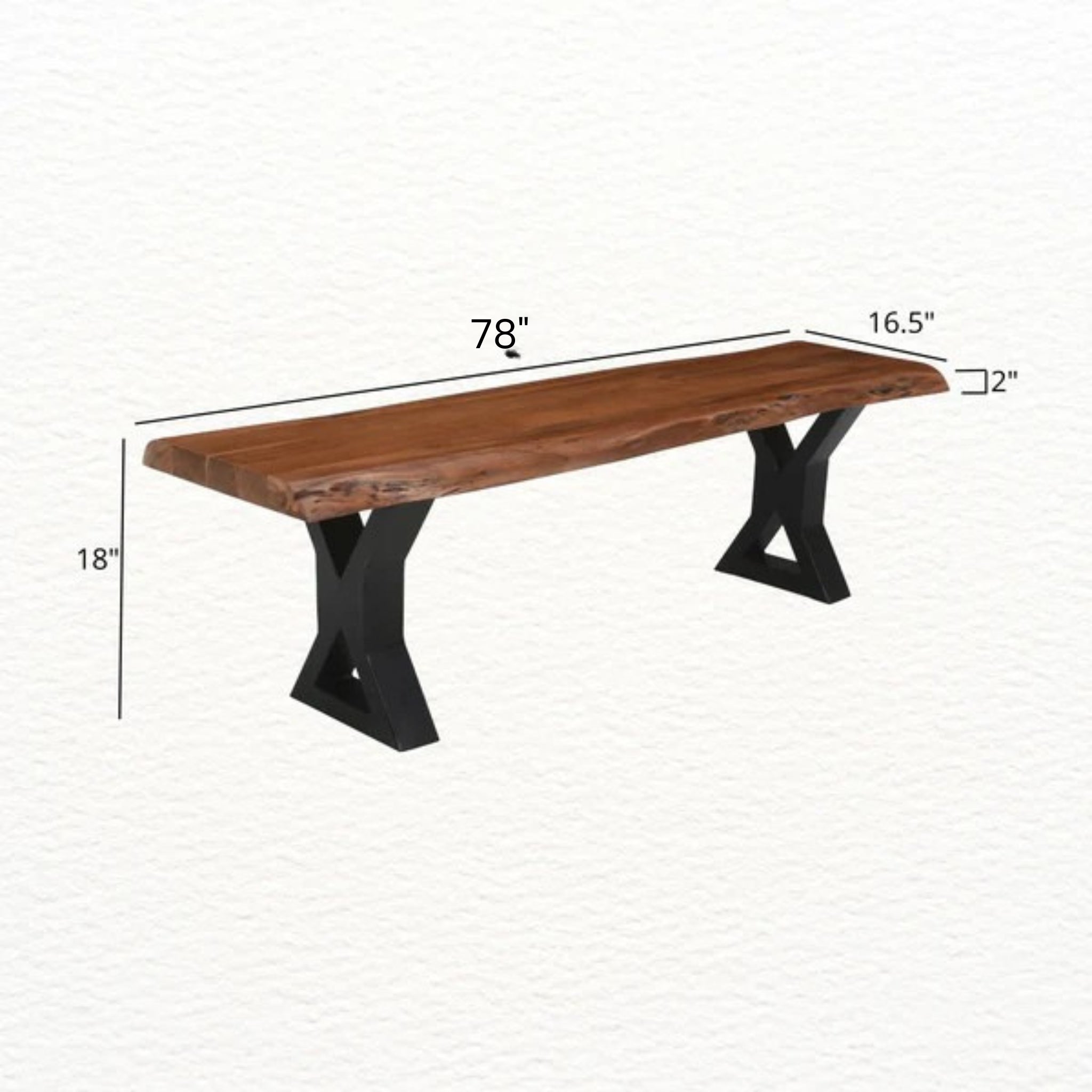 Wooden bench with black metal legs and dimensions