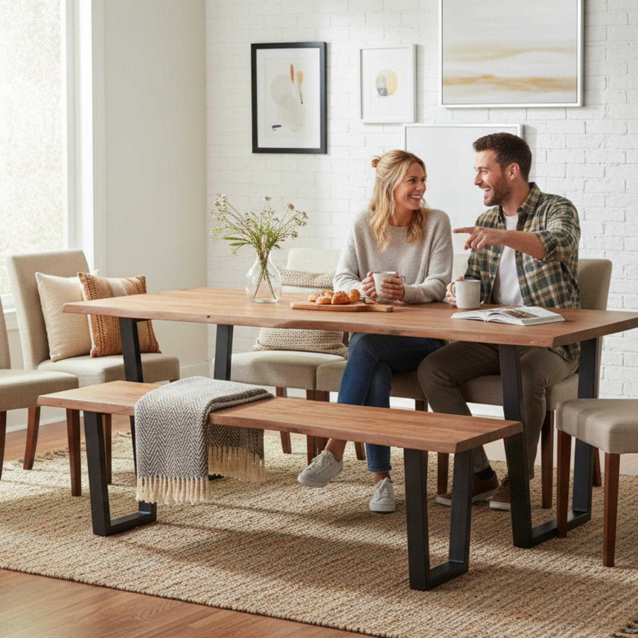 live edge acacia wood bench used as dining seating with metal legs natural brown