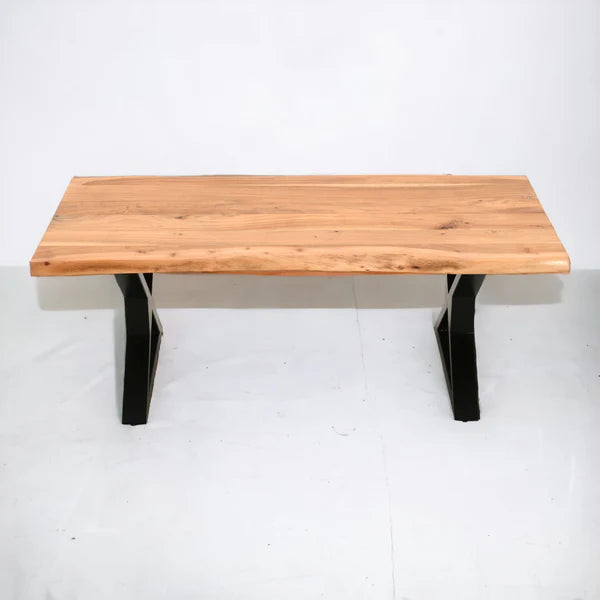 acacia wood coffee table with x shaped black metal legs industrial modern style