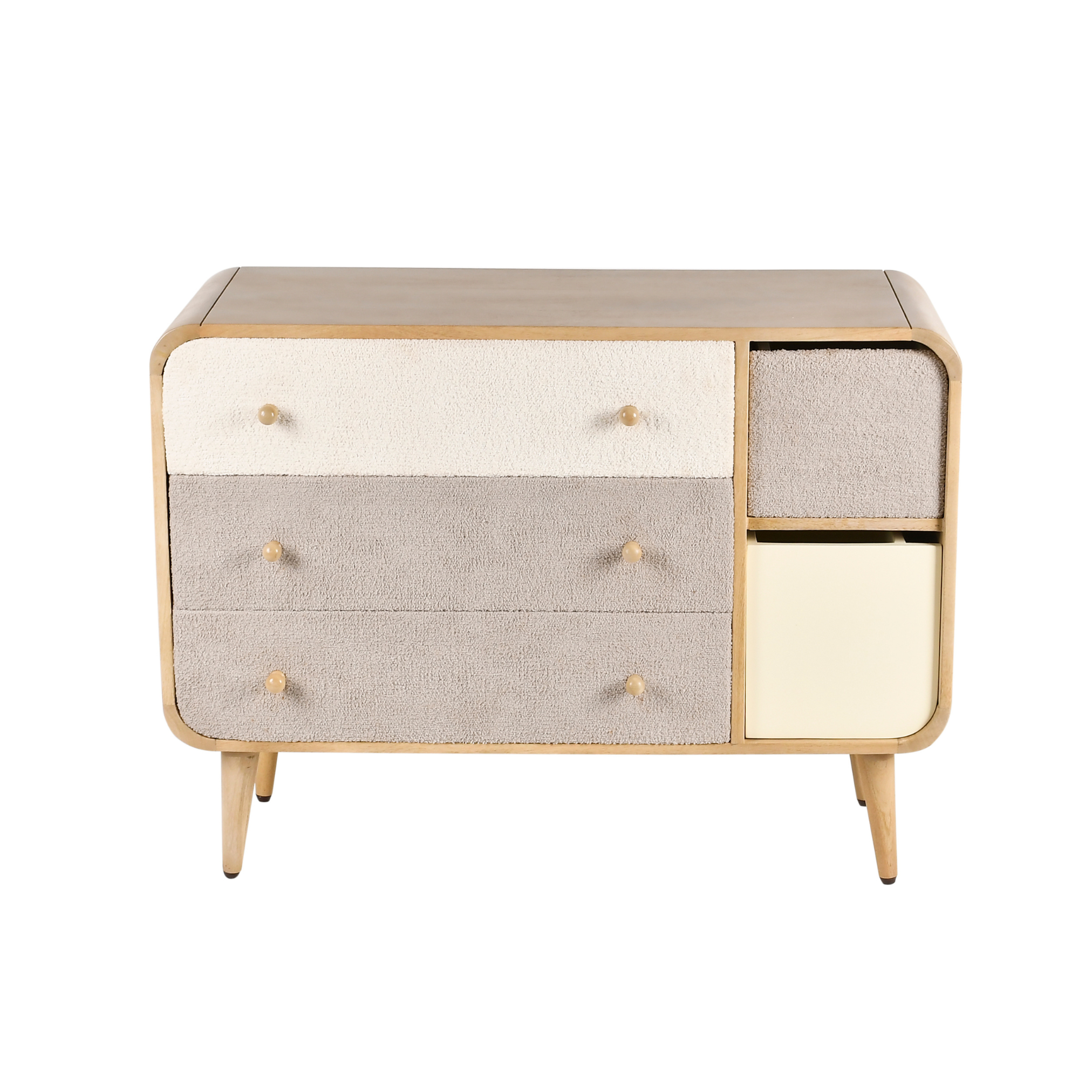 Front view of Loft wooden kids storage dresser with boucle fabric drawers and rounded edges