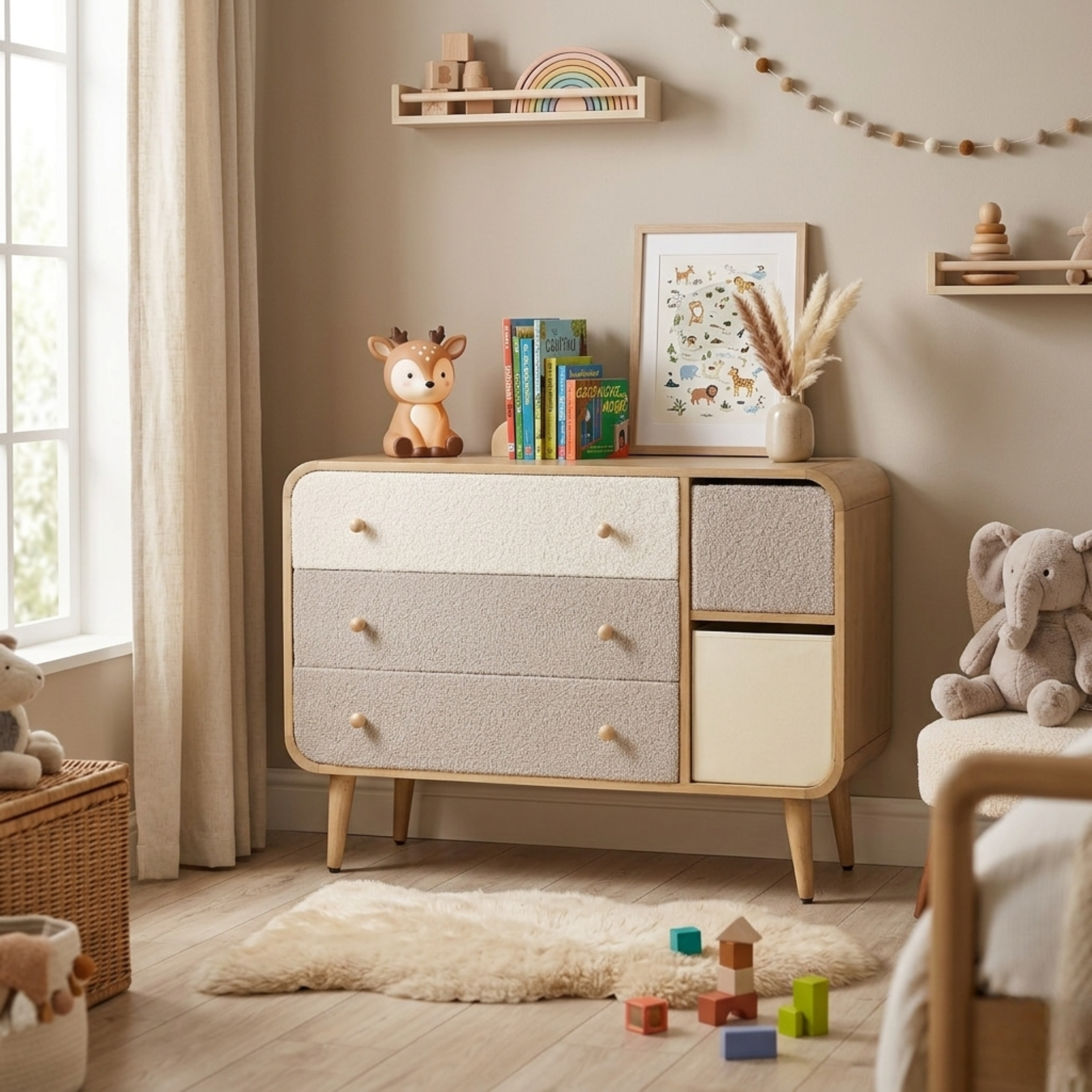 Loft wooden kids storage dresser styled in a cozy neutral-toned kids bedroom
