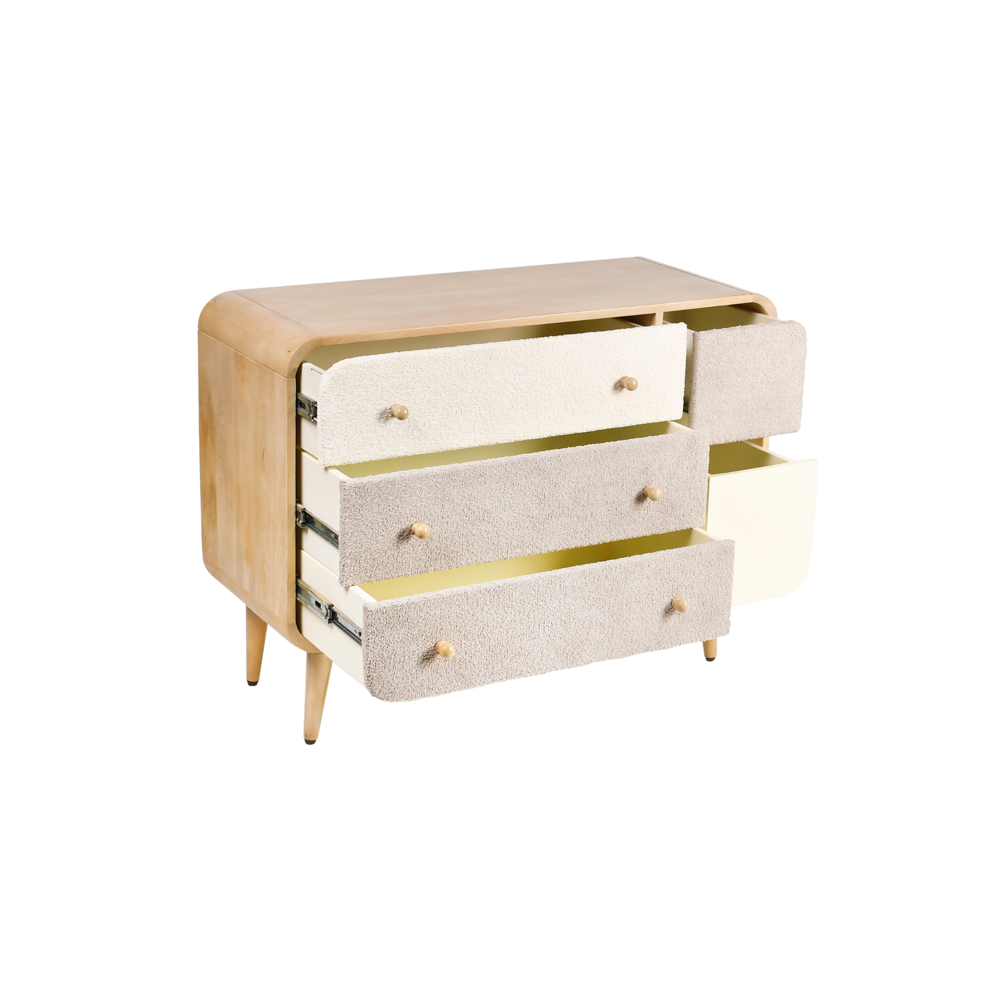 Loft wooden kids storage dresser with open drawers and side storage compartment