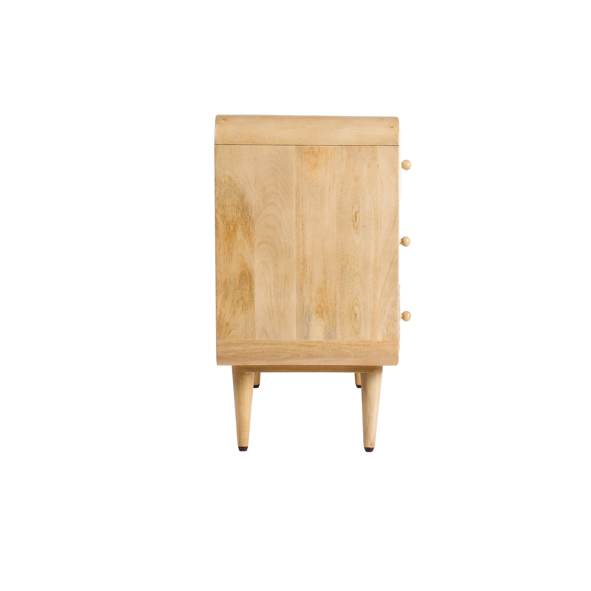 Side profile of Loft wooden kids storage dresser with natural wood finish