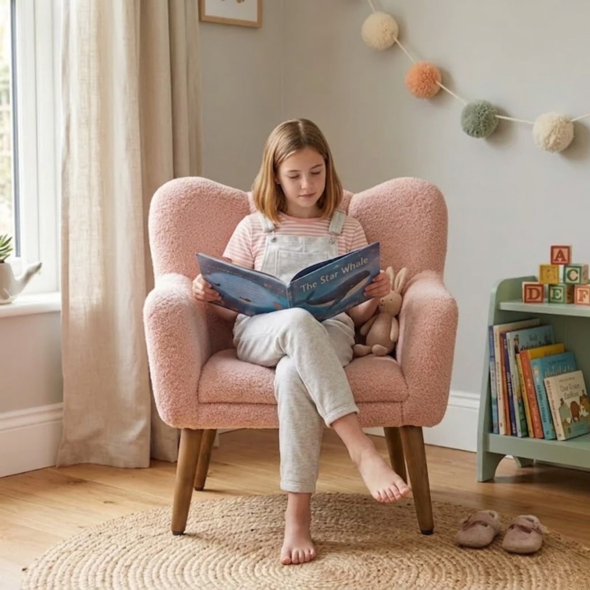 A Girl sitting on pink upholstered kids lounge chair in a cozy nursery room