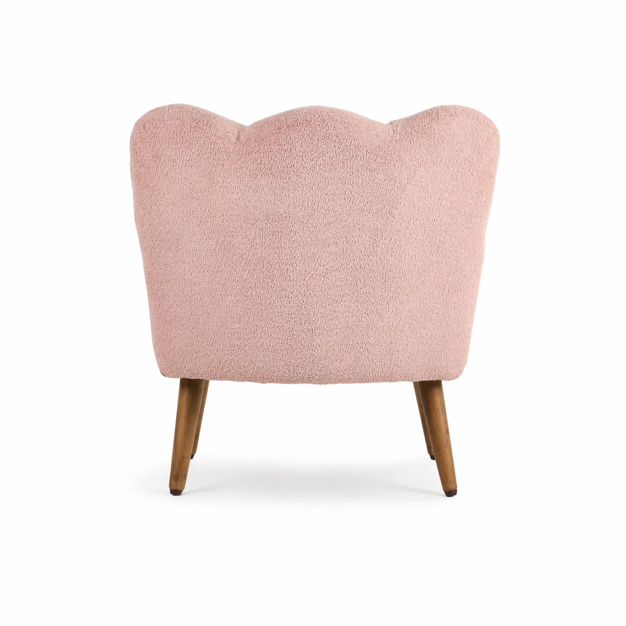 Back view of Lola pink upholstered kids lounge chair with curved silhouette