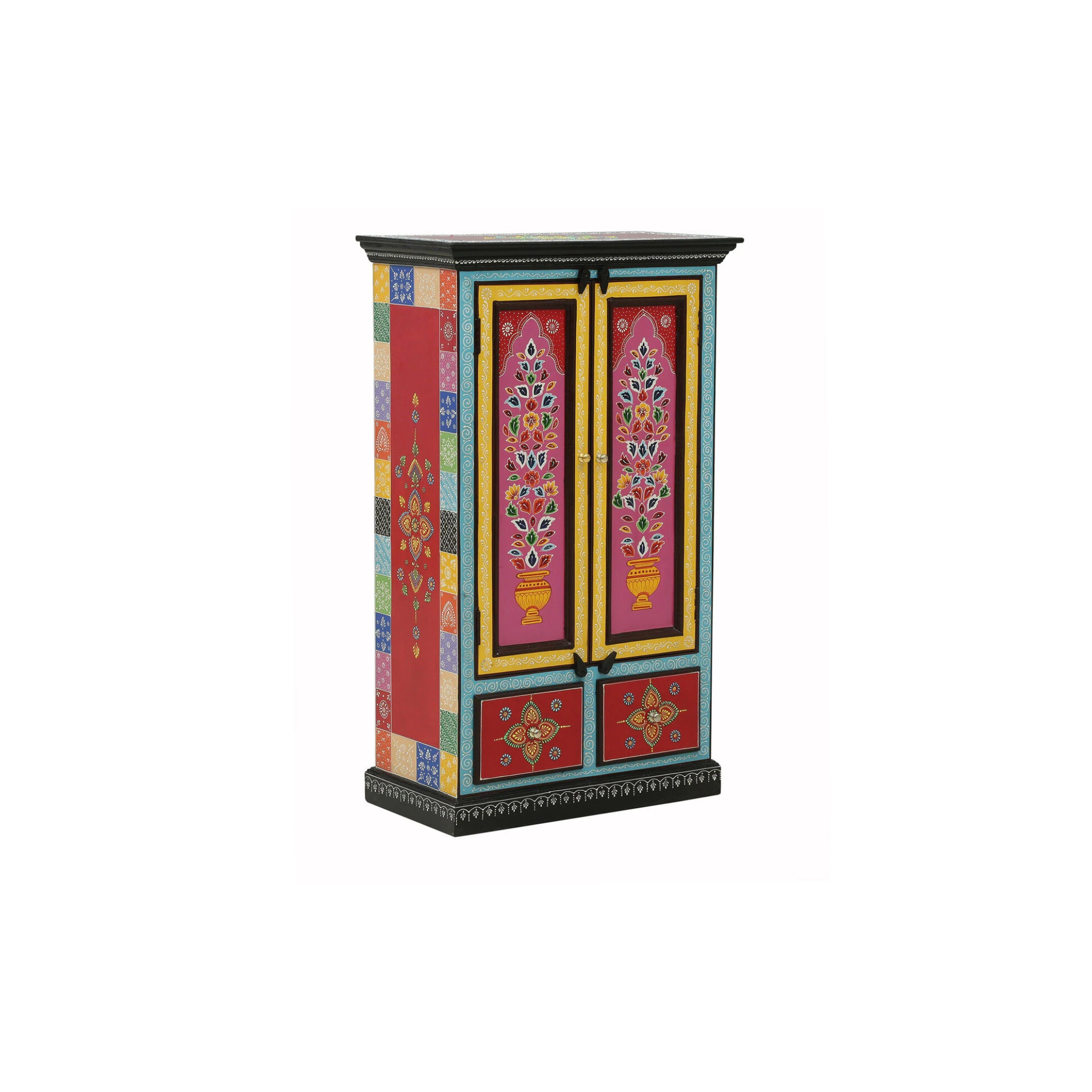 Angled view of colorful Lotus Bloom handcrafted cabinet