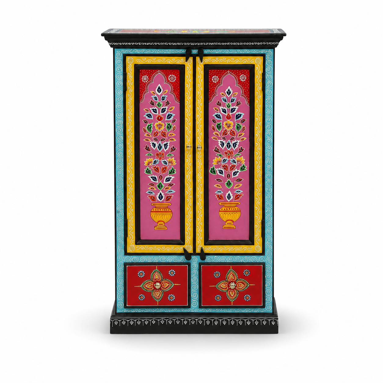 Front view of Lotus Bloom Cabinet featuring hand-painted floral motifs in pink, yellow, turquoise, and red with double-door storage.