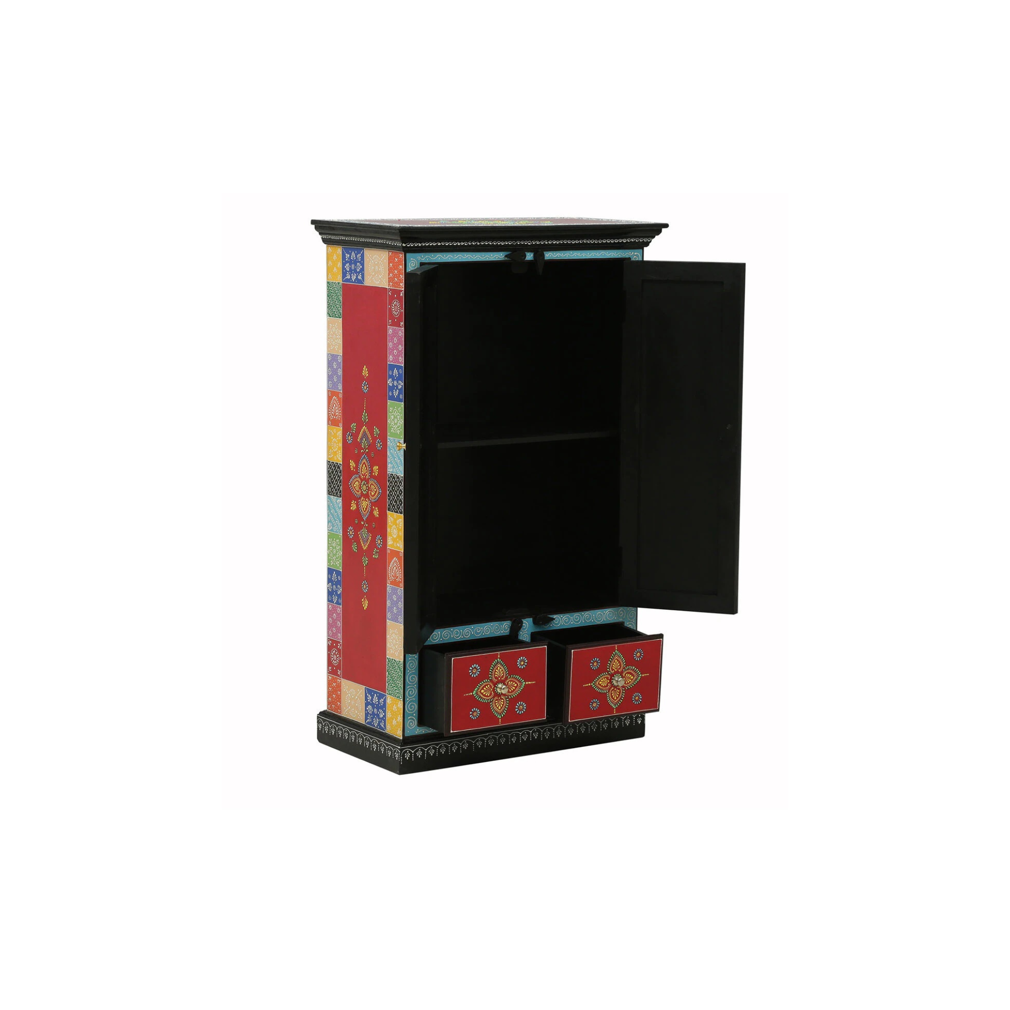 Lotus Bloom handpainted cabinet with open doors and storage shelves