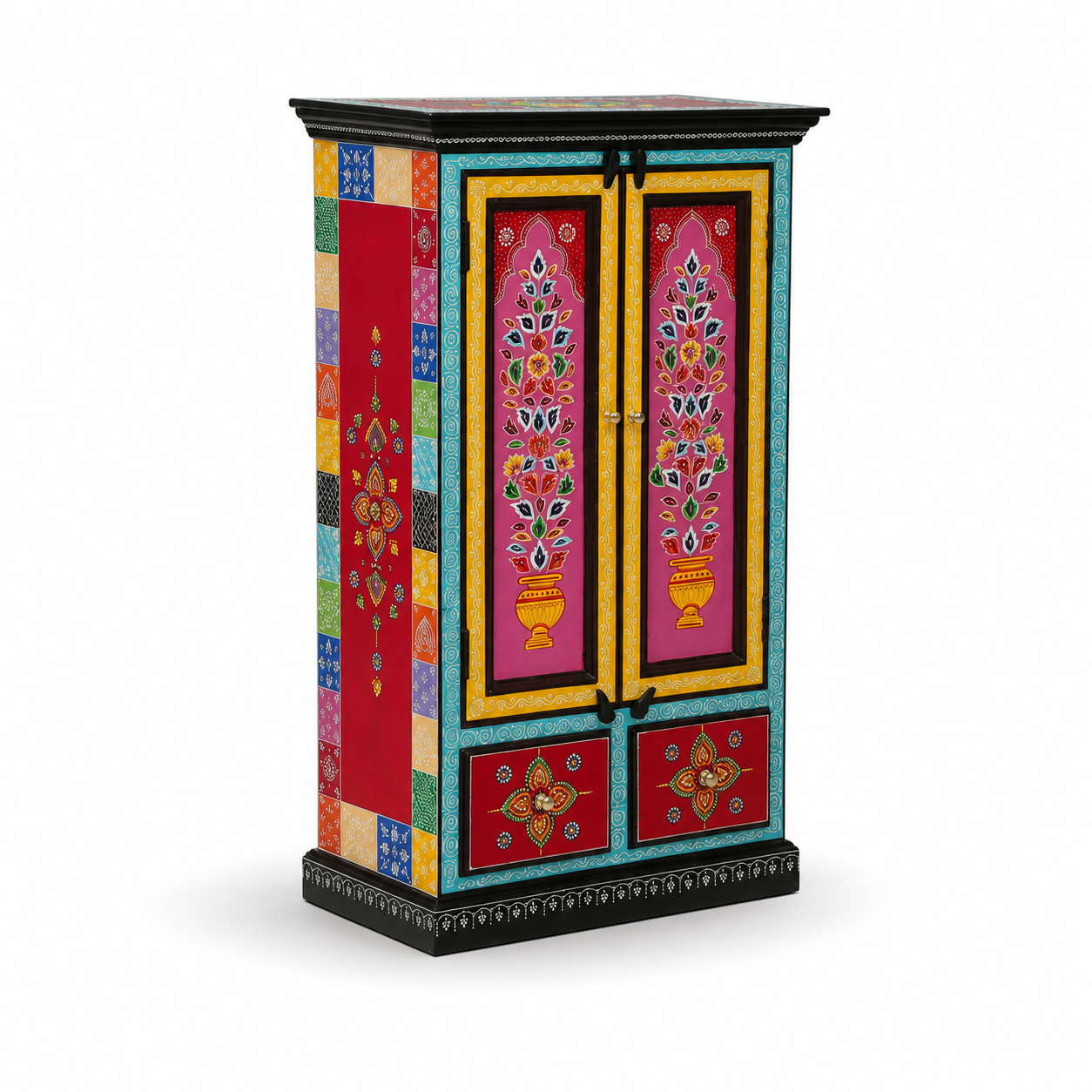Angled view of Lotus Bloom Cabinet highlighting hand-painted floral panels, colorful borders, and artisan craftsmanship.
