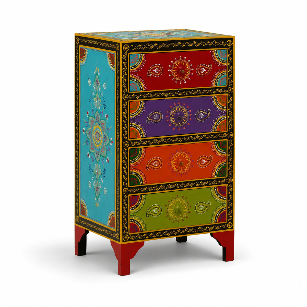Angled view of Mandala Jewel Bedside Table highlighting turquoise mandala side panel, colorful drawers, and handcrafted bohemian design.