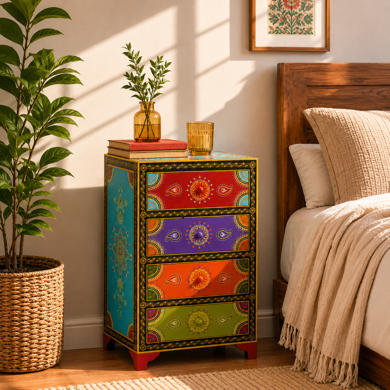 Colorful nightstand with decorative patterns next to a bed in a bedroom.
