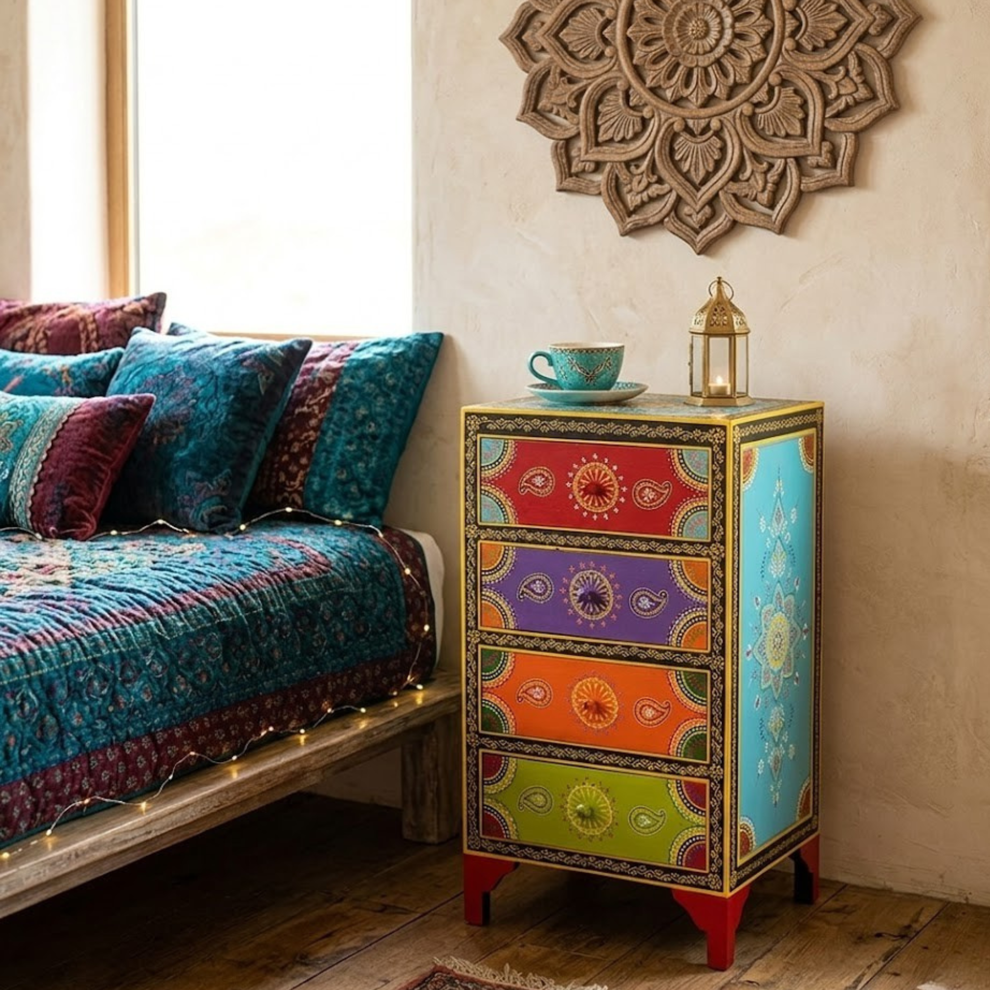 Colorful handcrafted bedside table beside wooden bed with cozy decor