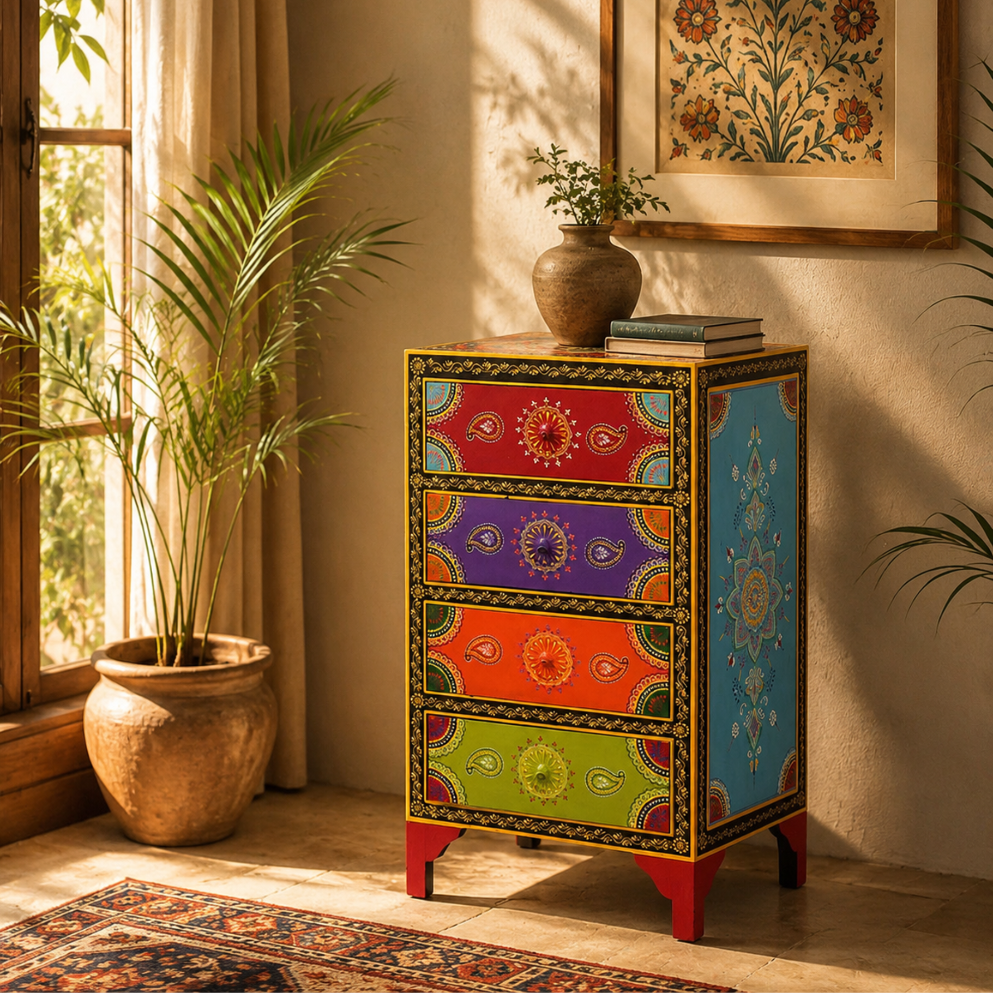Mandala Jewel Handpainted Bedside Table in warm bohemian bedroom setting