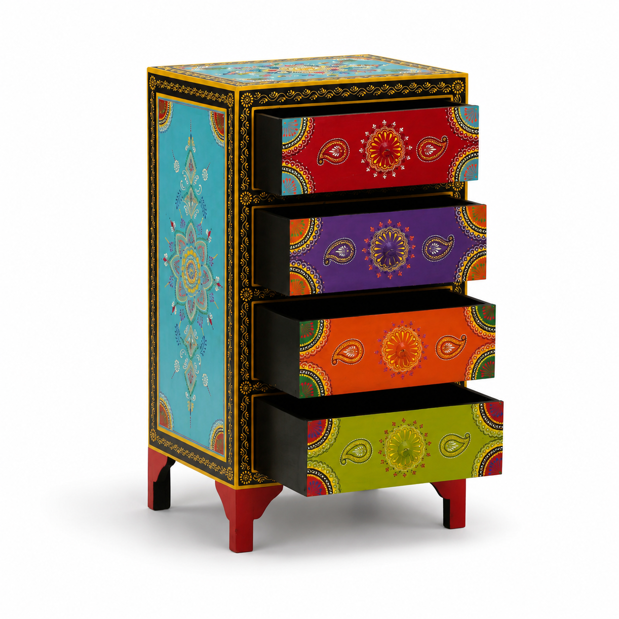 Mandala Jewel Bedside Table showcasing four spacious pull-out drawers with colorful hand-painted ethnic artwork and storage functionality.