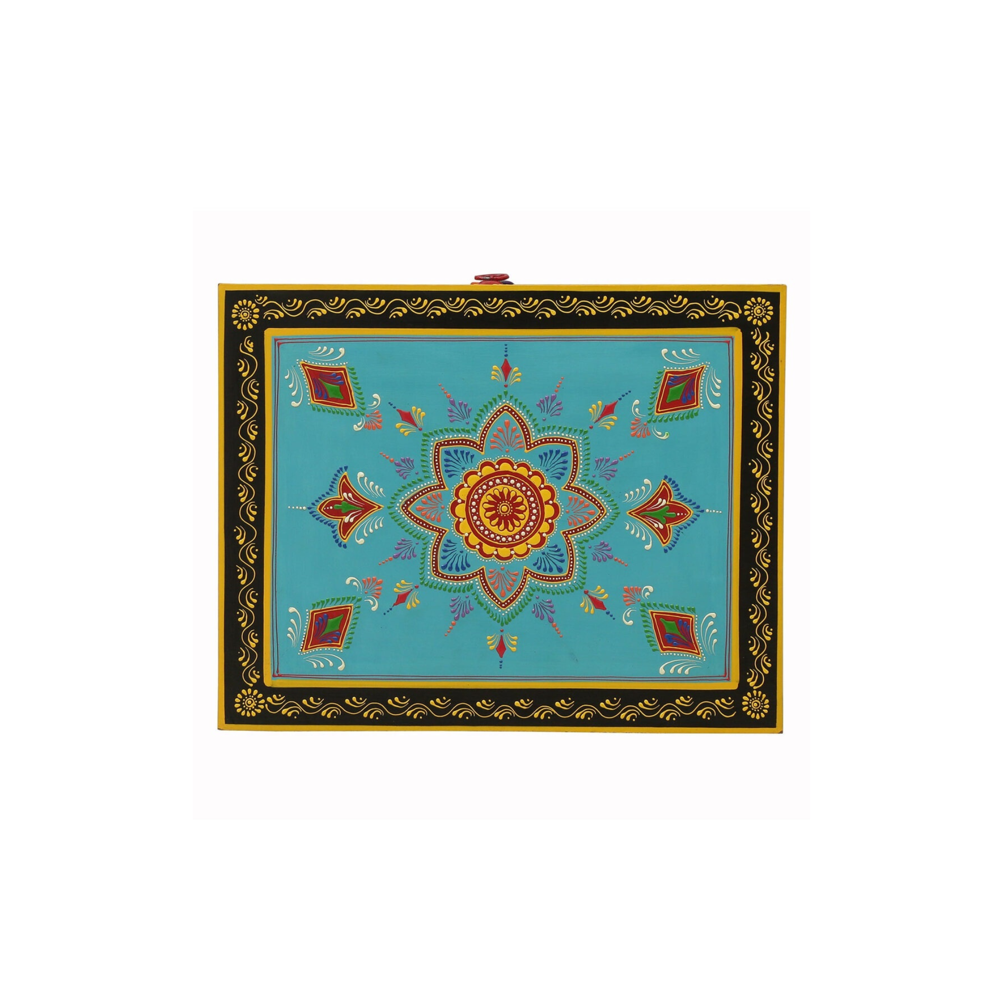 Top surface mandala artwork detail on handcrafted wooden bedside table
