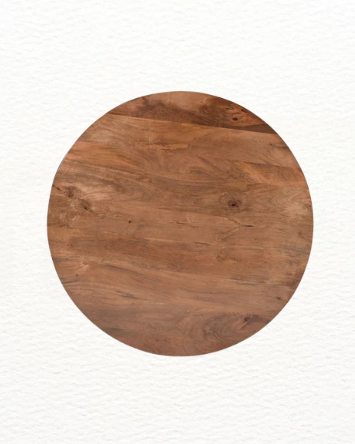 top view of round mango wood coffee table showing natural wood grain texture