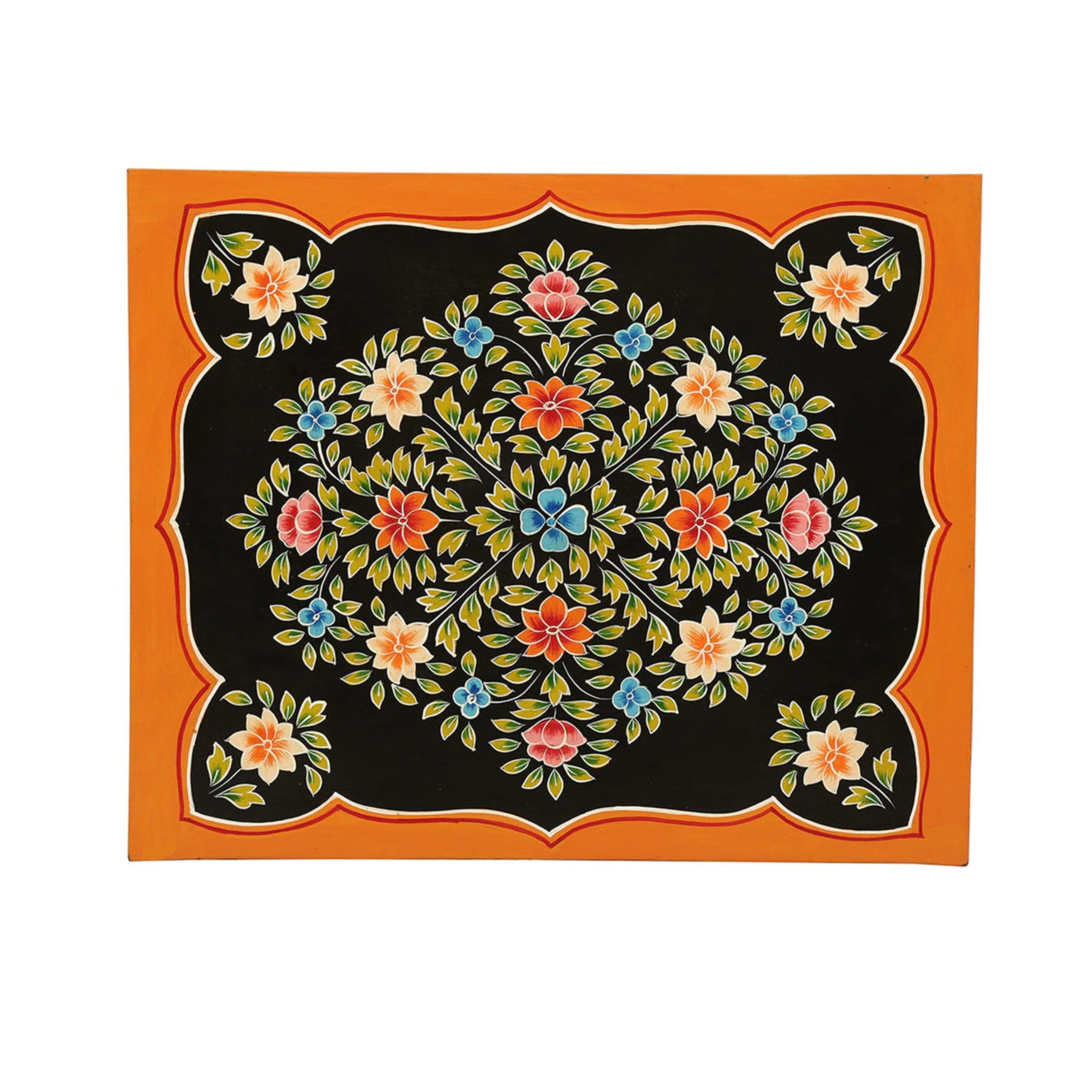 Decorative top view of Marigold Noir Bedside Table with intricate floral mandala artwork