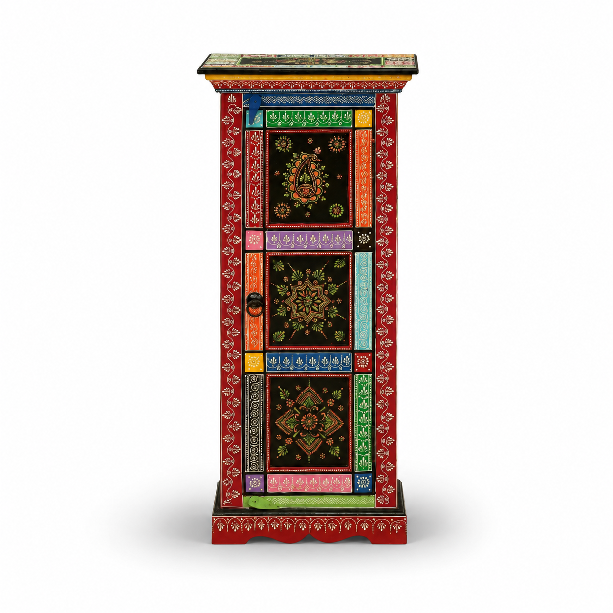 Front view of Midnight Folk Cabinet featuring colorful folk art detailing and display shelves