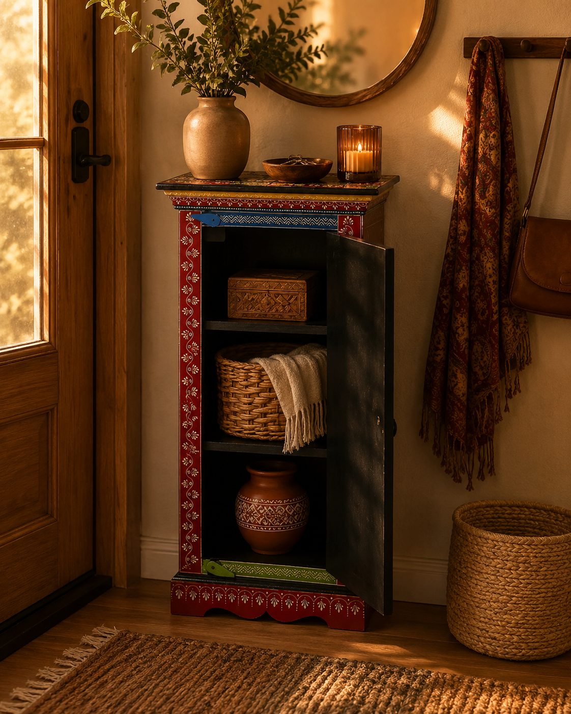 Midnight Folk Cabinet styled with decorative accessories in a cozy home interior