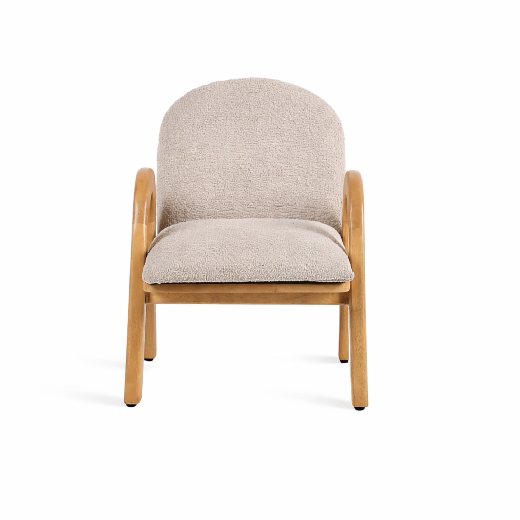 Front view of Mysa upholstered wooden kids lounge chair with soft fabric seat and solid wood frame