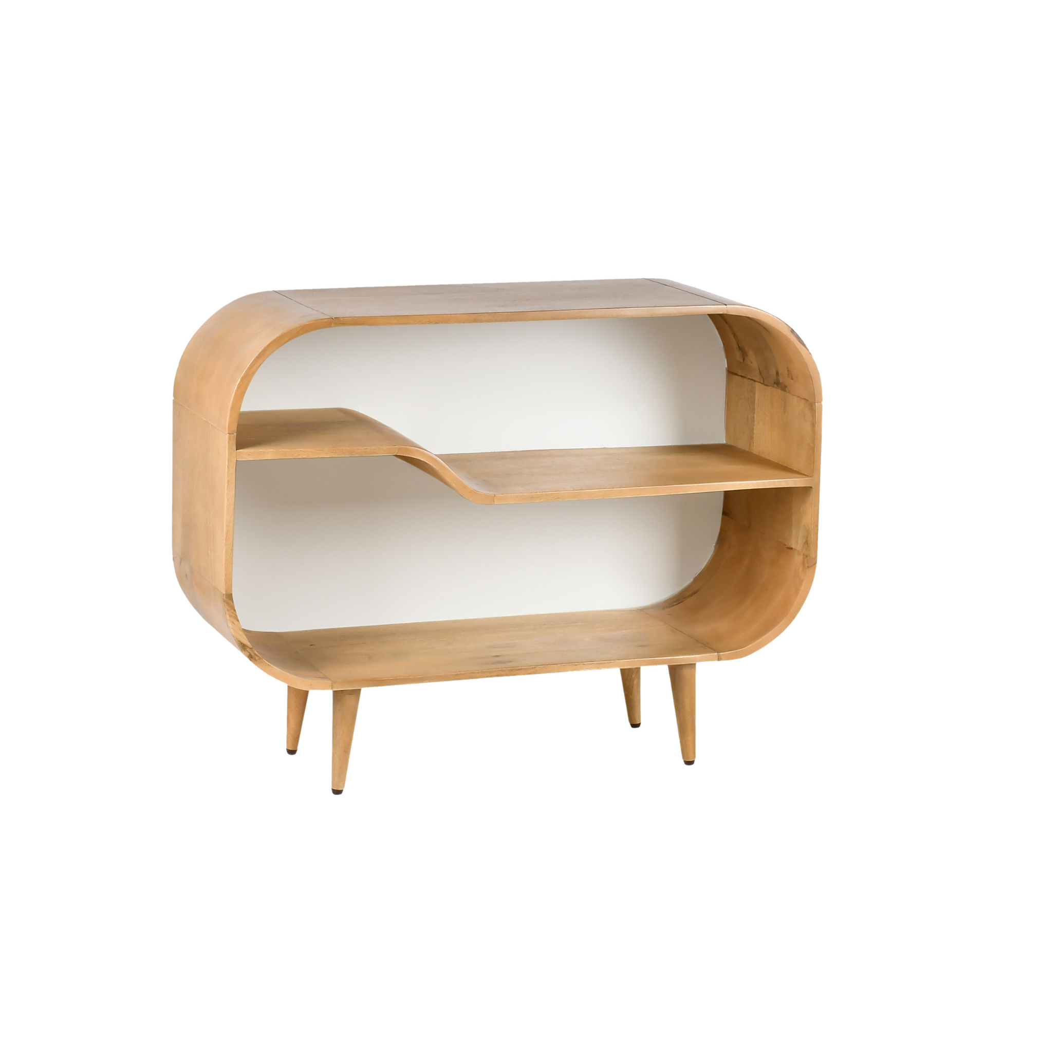 Angled view of Nook wooden kids bookshelf featuring rounded edges and sculptural design