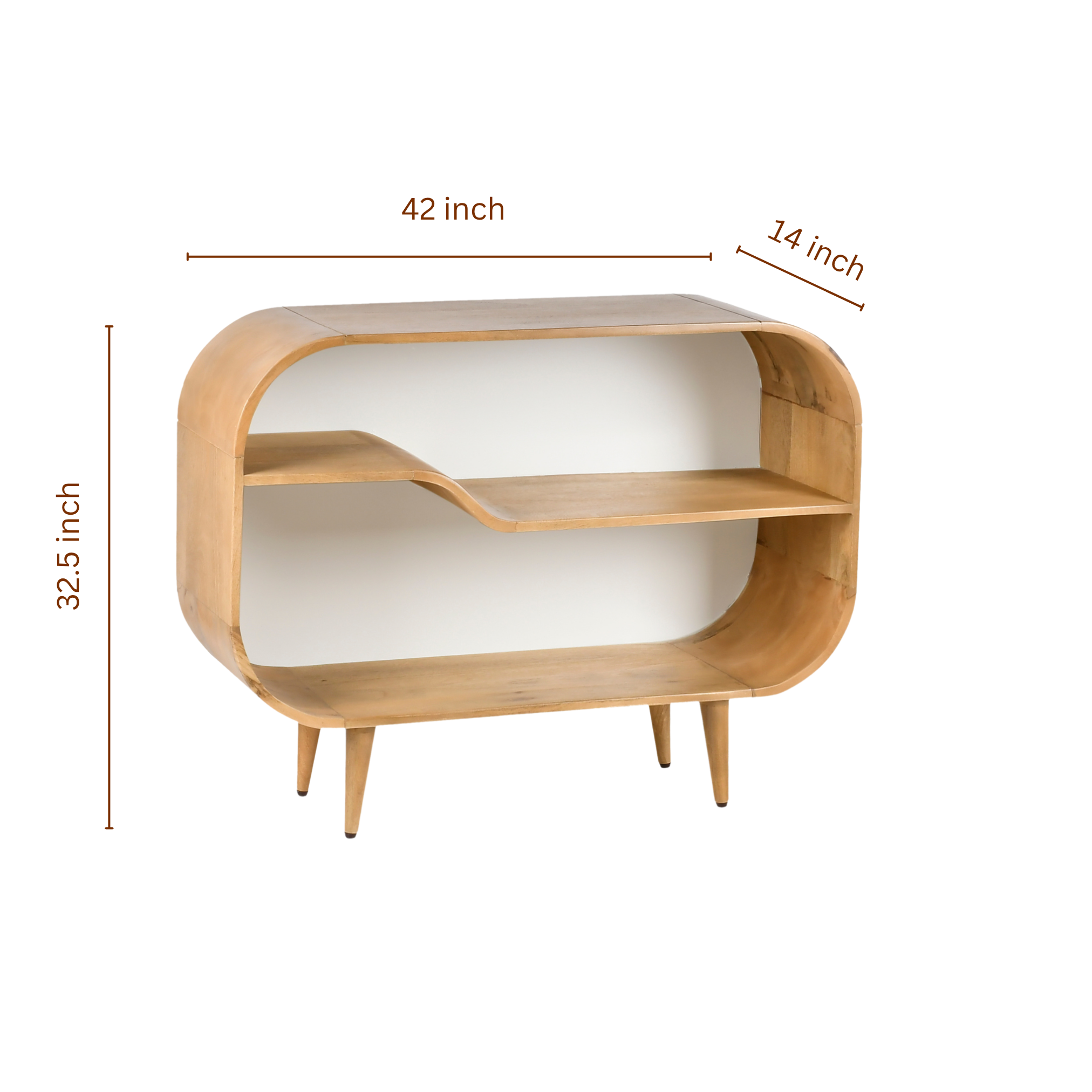 Nook wooden kids bookshelf dimensions showing 42 inch width, 32.5 inch height, and 14 inch depth