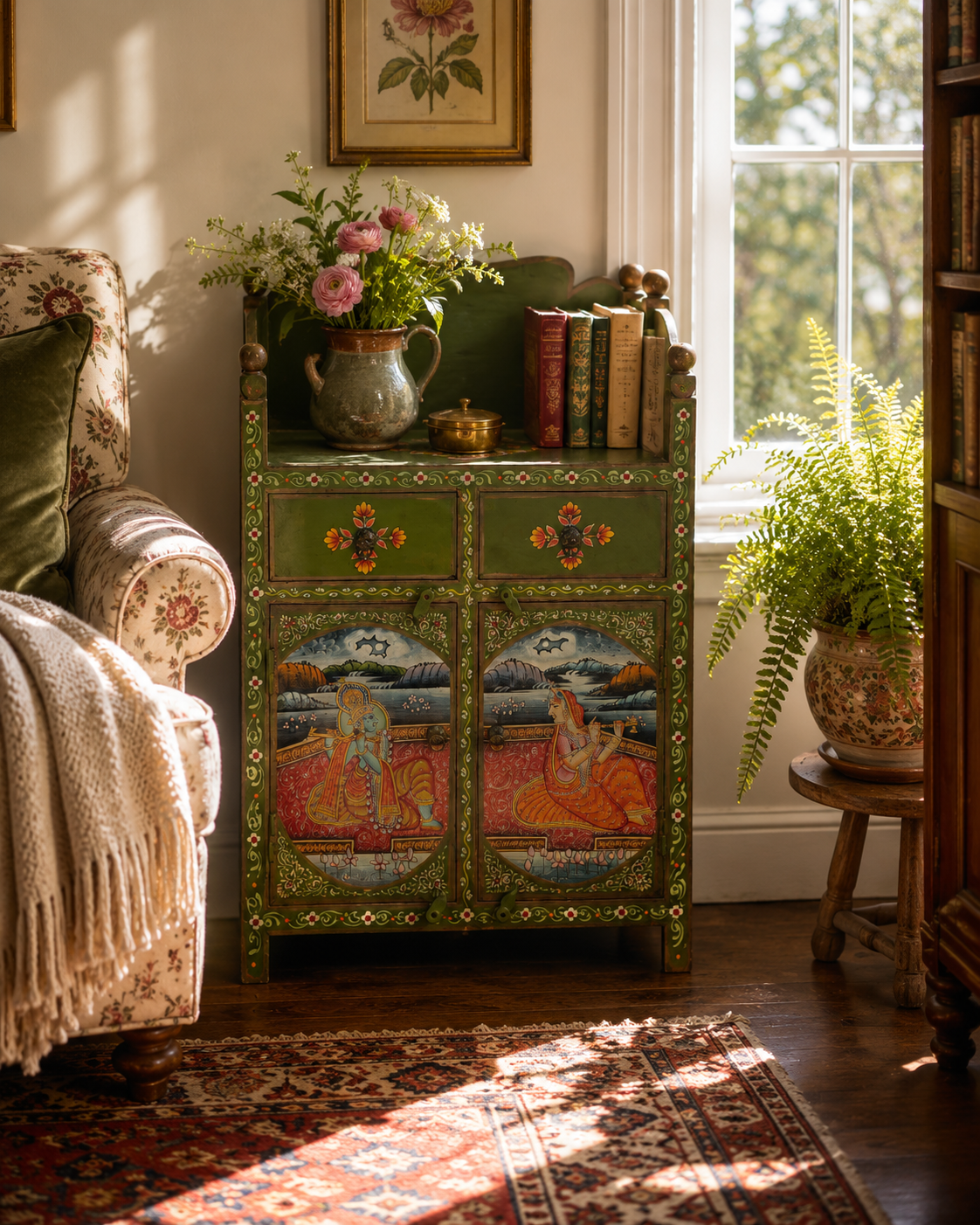 Hand-painted Olive Courtyard Cabinet styled in a warm bohemian interior with decorative accessories, books, pottery, and natural sunlight.