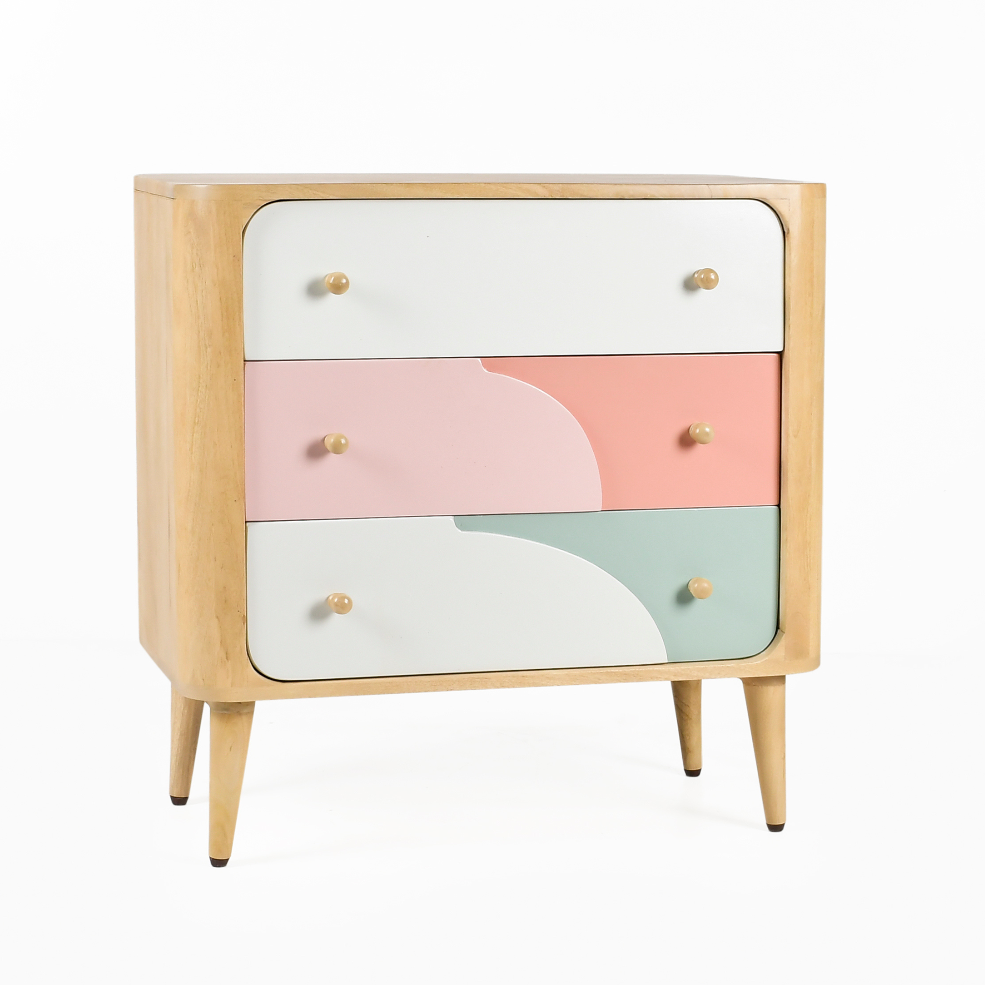 Angled view of Palette Wooden Kids Chest of Drawers in pastel colors