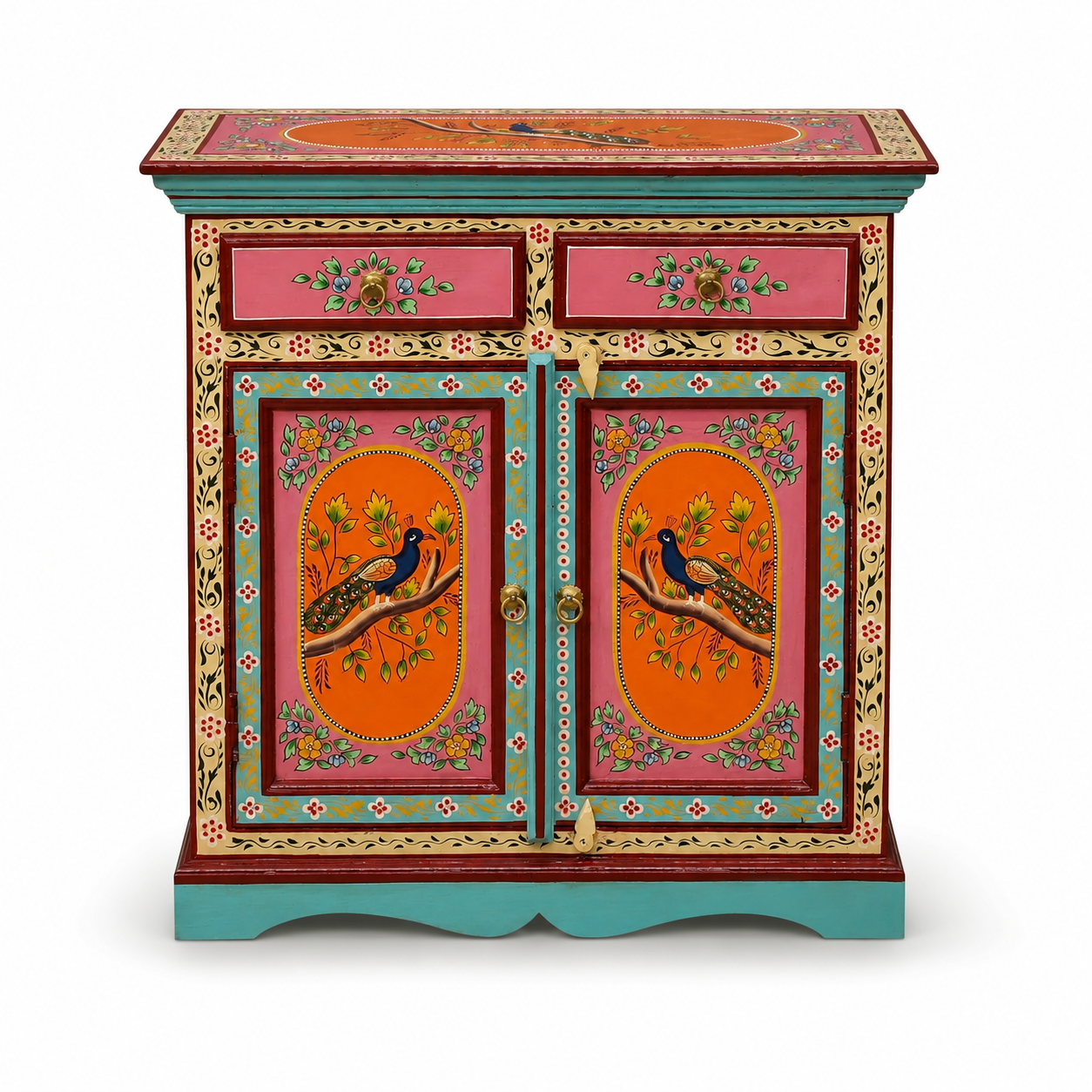 Front view of Peacock Bloom Cabinet featuring floral folk art panels and double-door storage