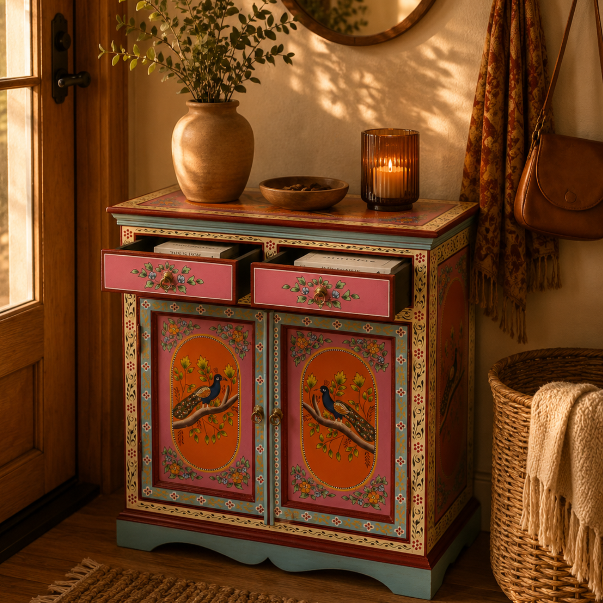 Peacock Bloom Cabinet used as a decorative accent cabinet in a rustic home interior