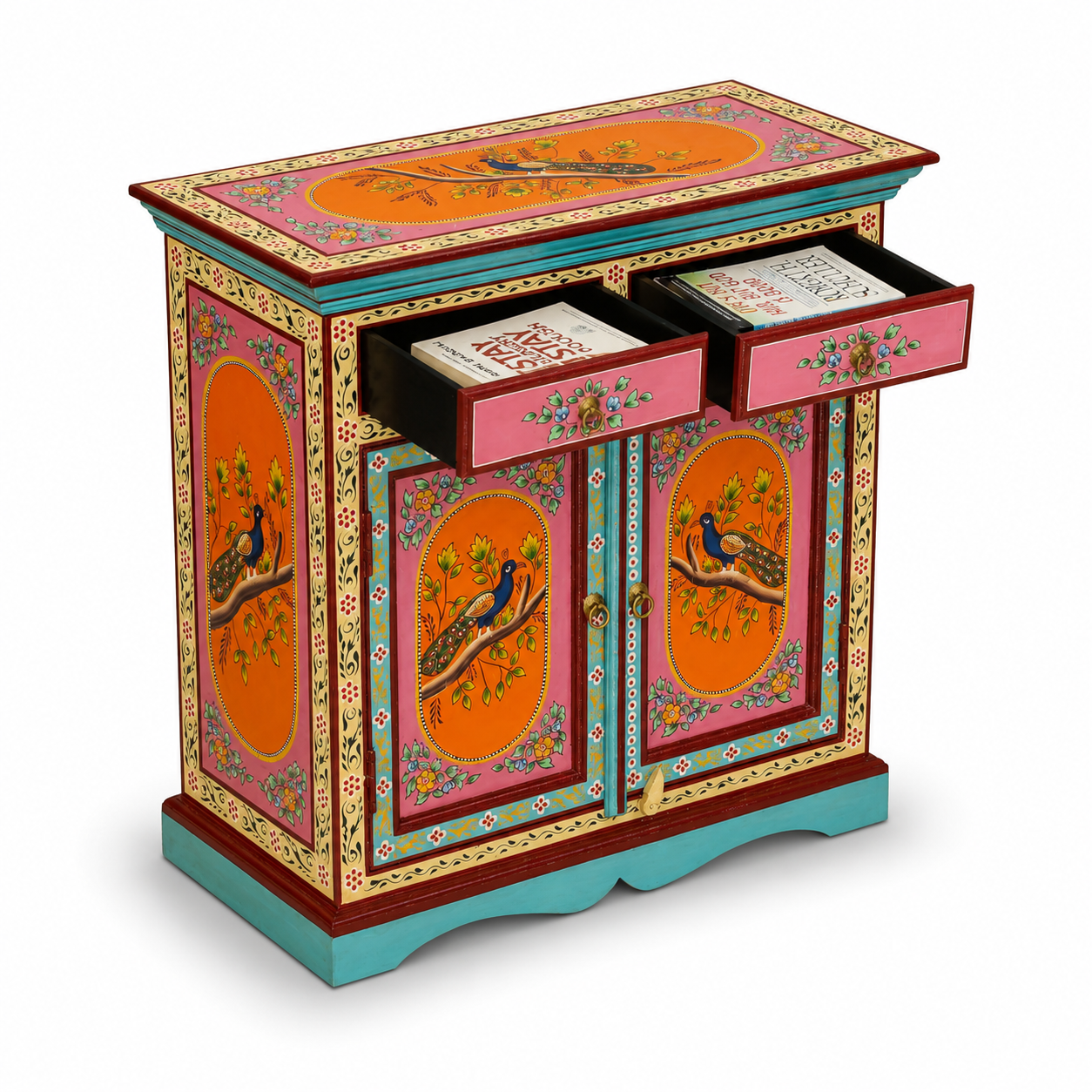Peacock Bloom Cabinet showcasing pull-out drawers and cabinet storage with hand-painted detailing