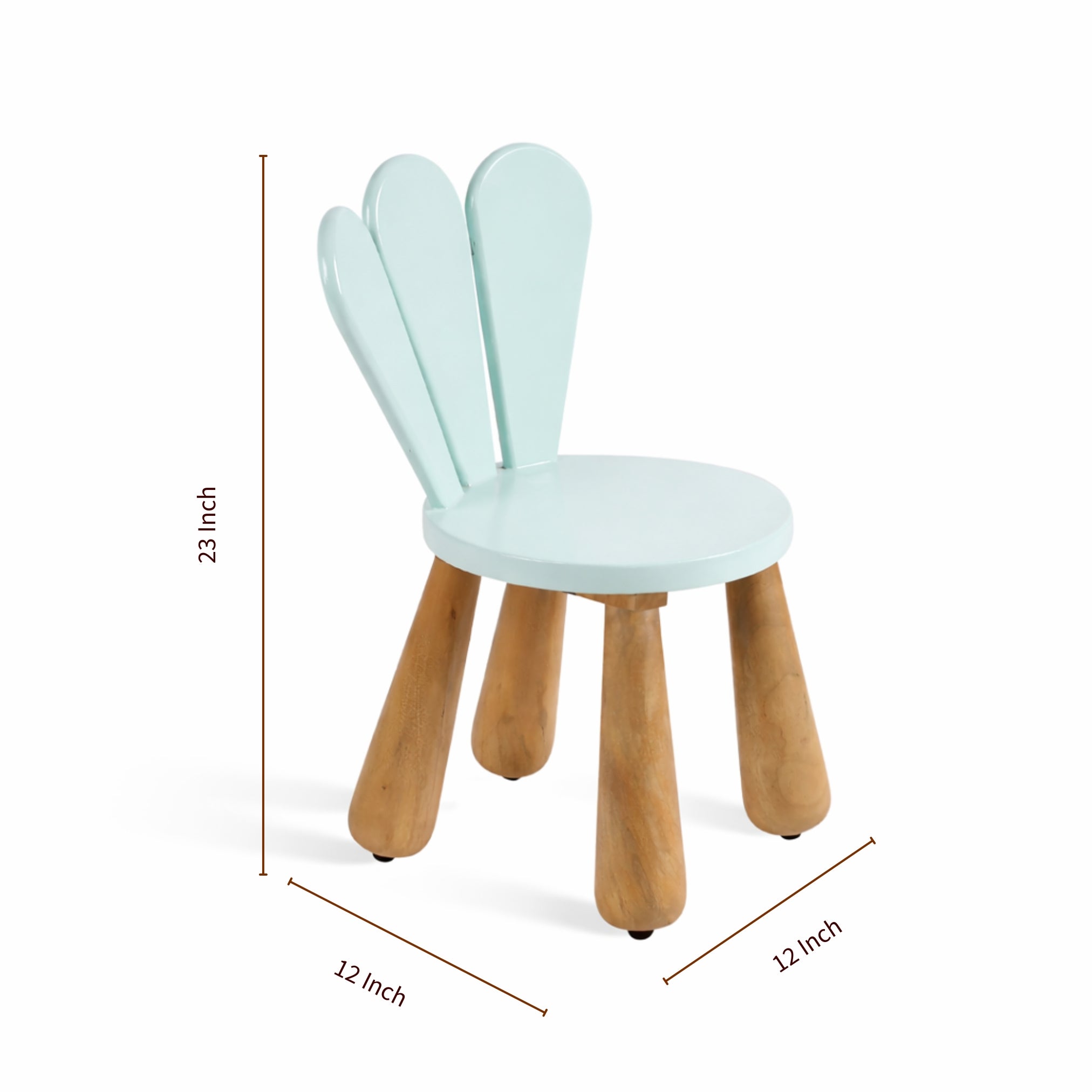 Children's chair with wooden legs and light blue seat, showing dimensions