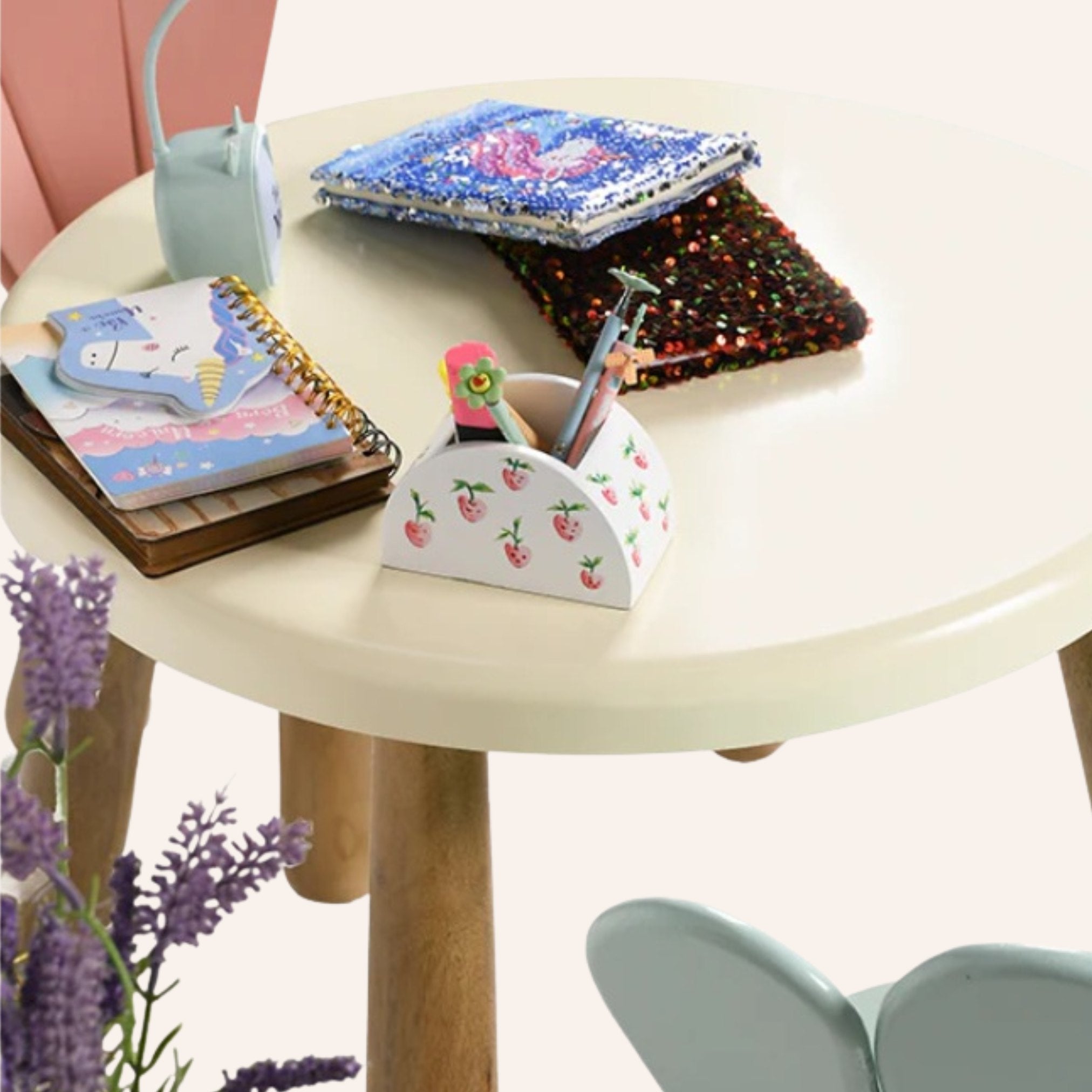 Kids round wooden table with study accessories